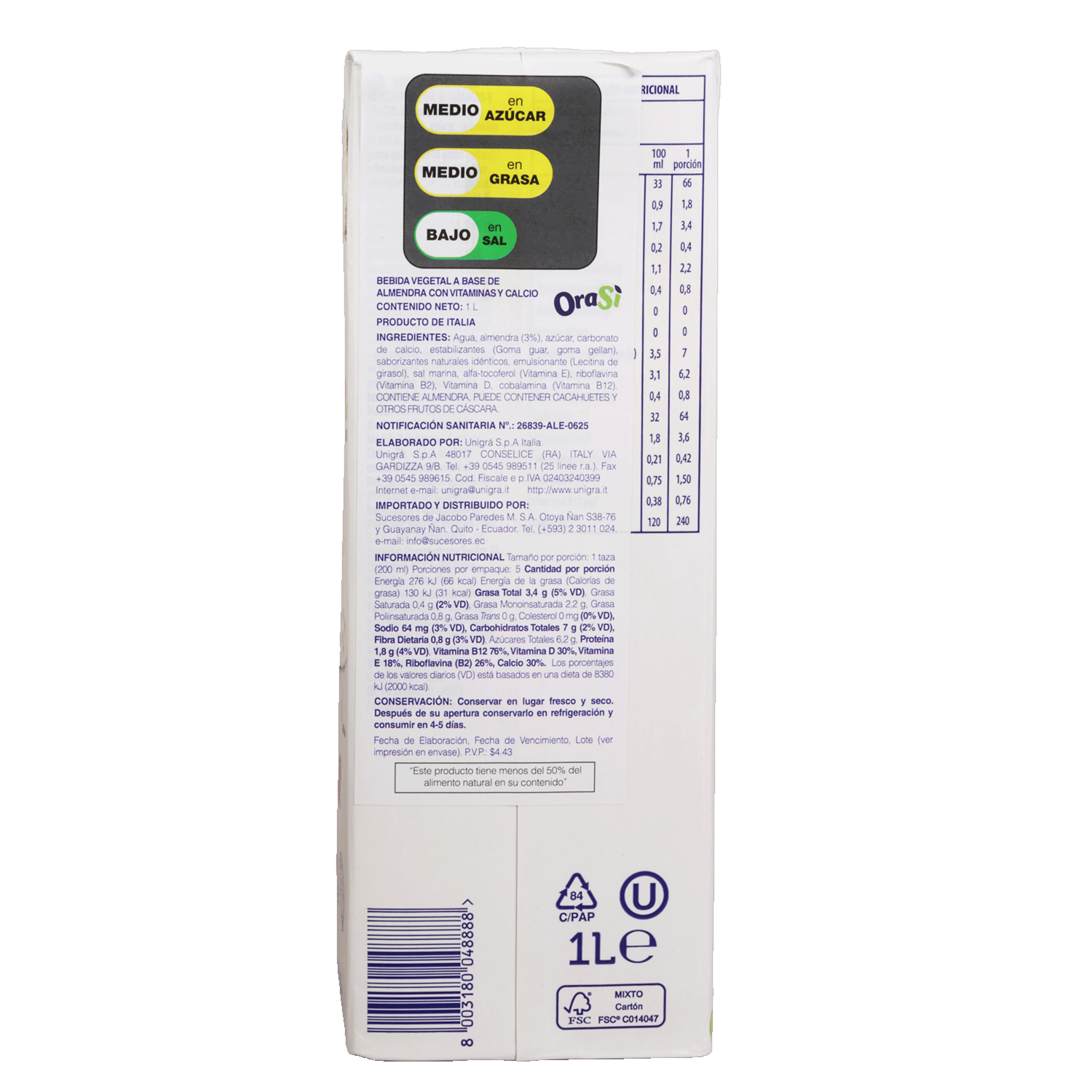 Bebida Vegetal Italiana Sabor Intenso Almendra ORASI 1000 Ml