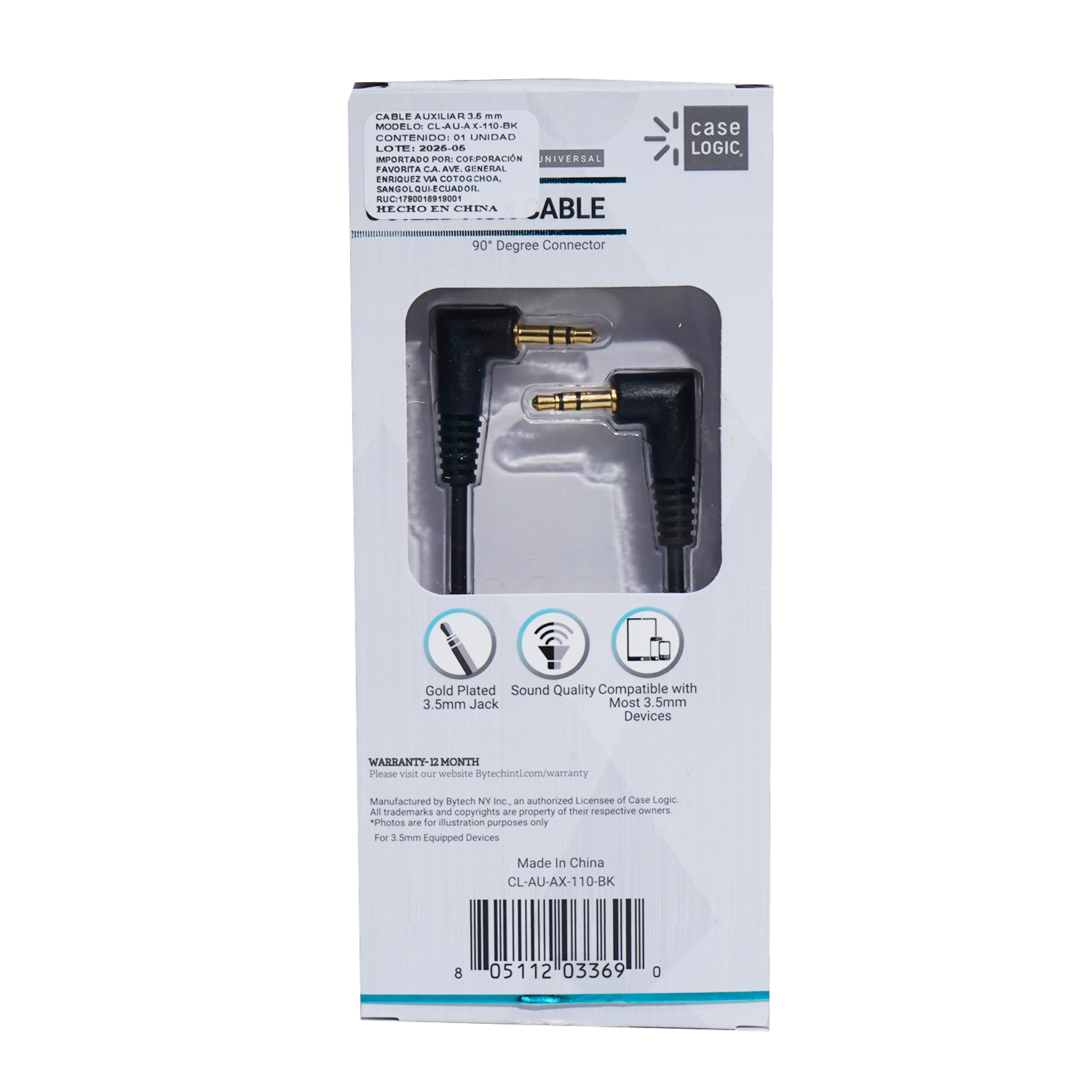 Cable Auxiliar de 90° Negro CASE LOGIC 3.5 Pies