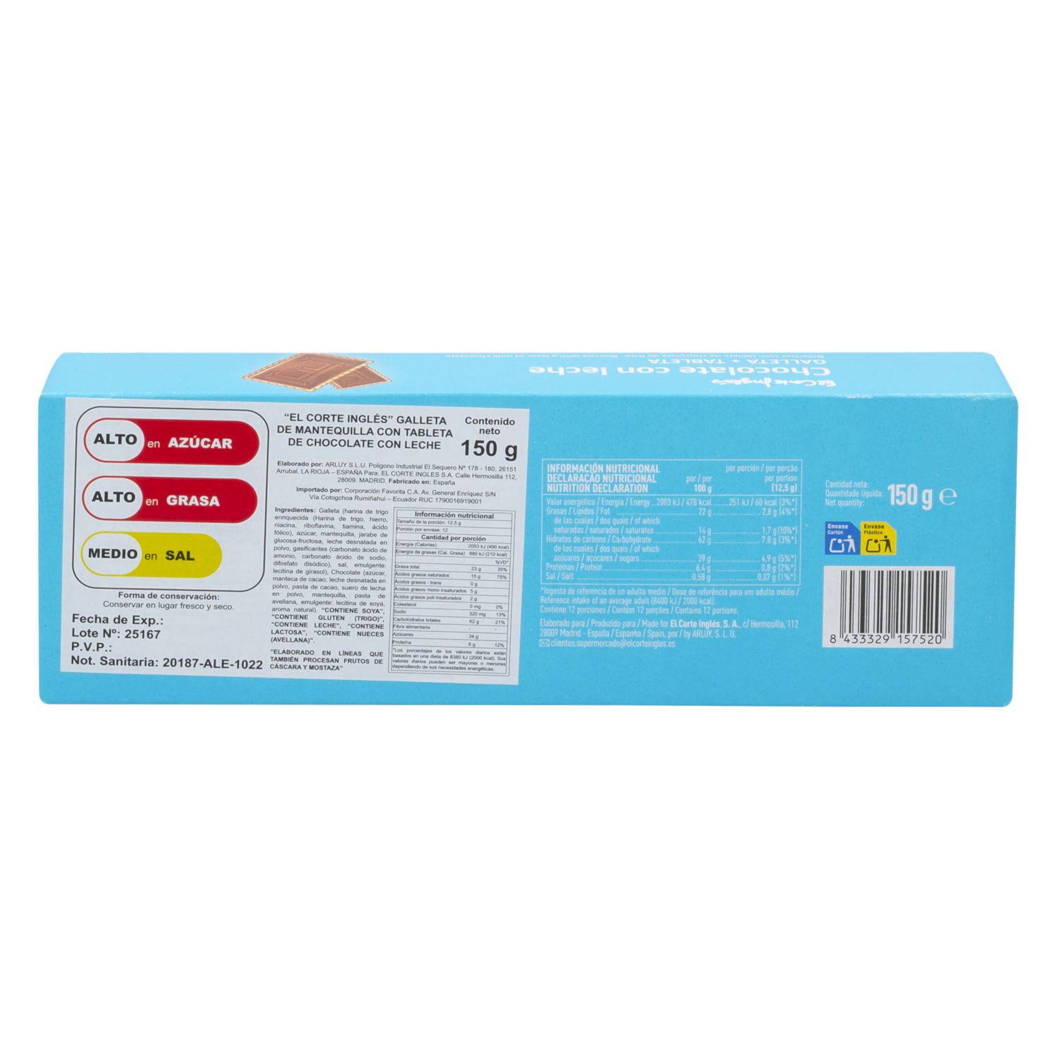 Galletas Dulces De Mantequilla Con Tableta De Chocolate Con Leche EL CORTE INGLÉS 150 G