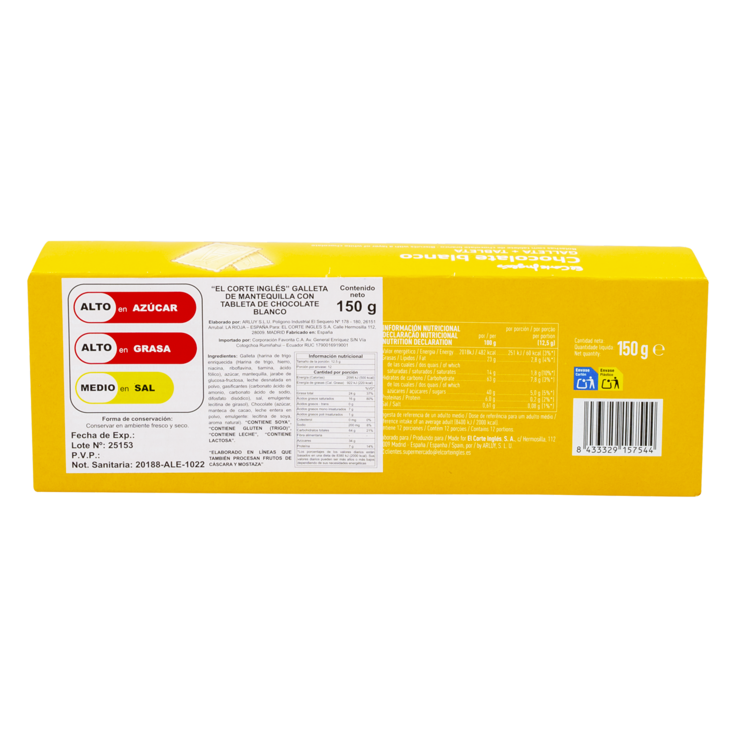 Galletas Dulces De Mantequilla Con Tableta De Chocolate Blanco EL CORTE INGLÉS 150 G