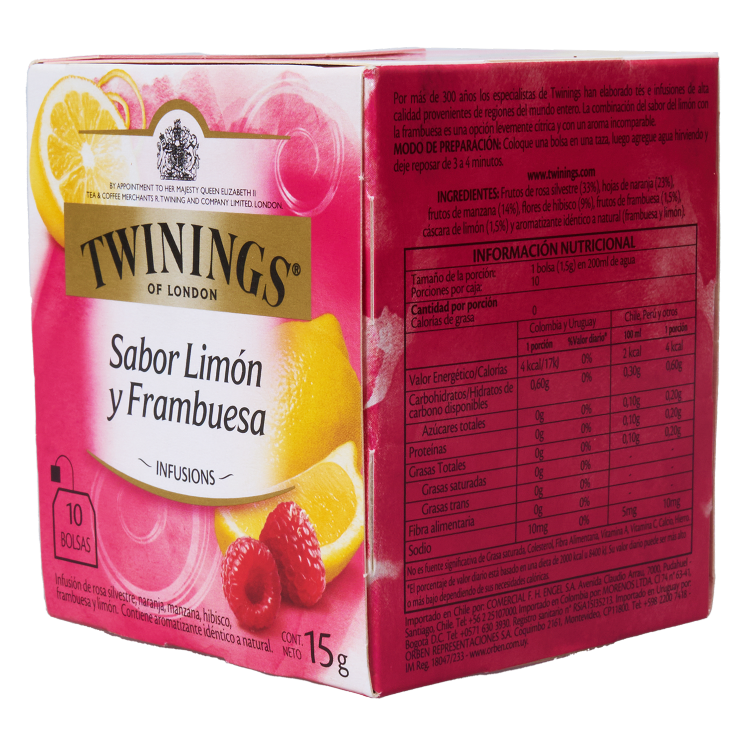 Infusión Limón Y Frambuesa Sin Gluten TWININGS Pack X 10 X 1,50 G