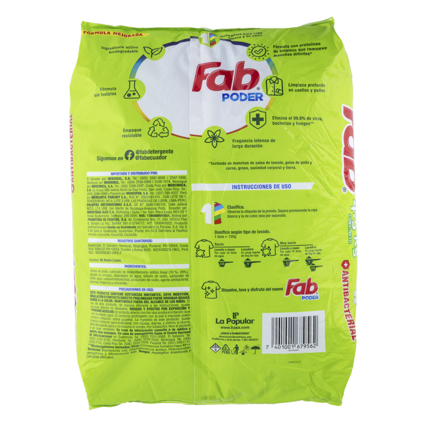 Detergente En Polvo Antibacterial Fragancia Duradera Poder FAB 4500 G