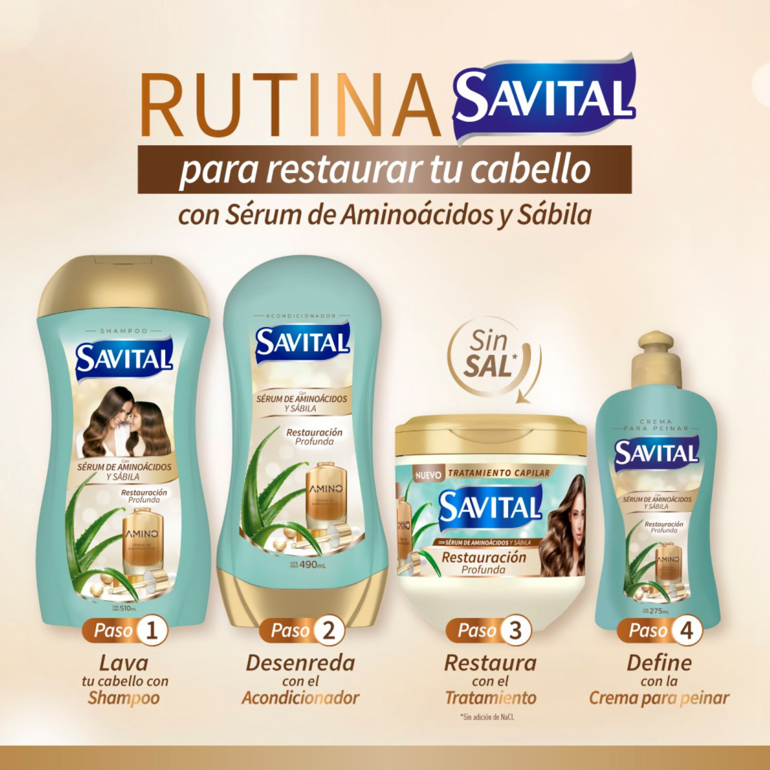 Crema Tratamiento Capilar Con Serúm De Aminoácidos Y Sábila Restauración Profunda SAVITAL 425 Ml