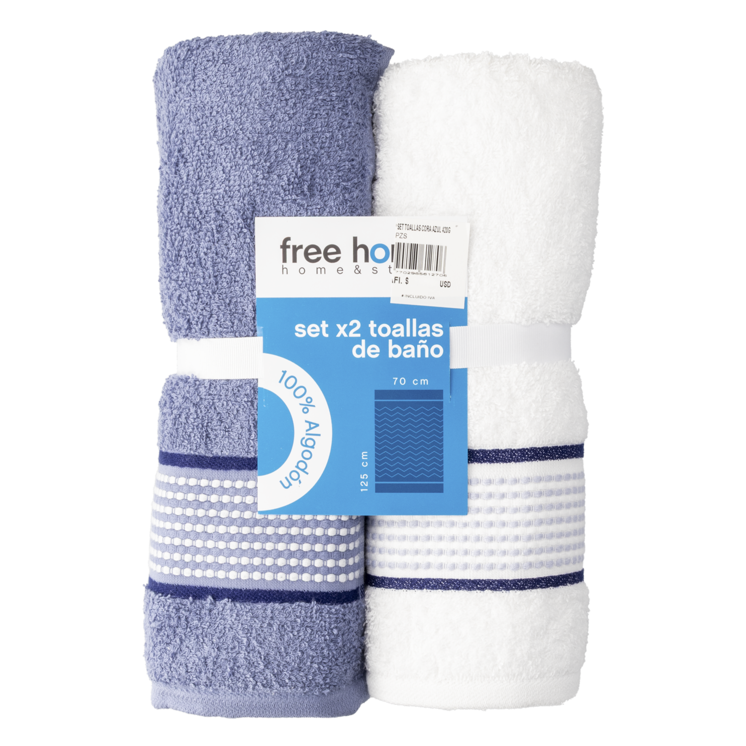 Set Toallas Cora Azul 420G FREE HOME 2 Piezas