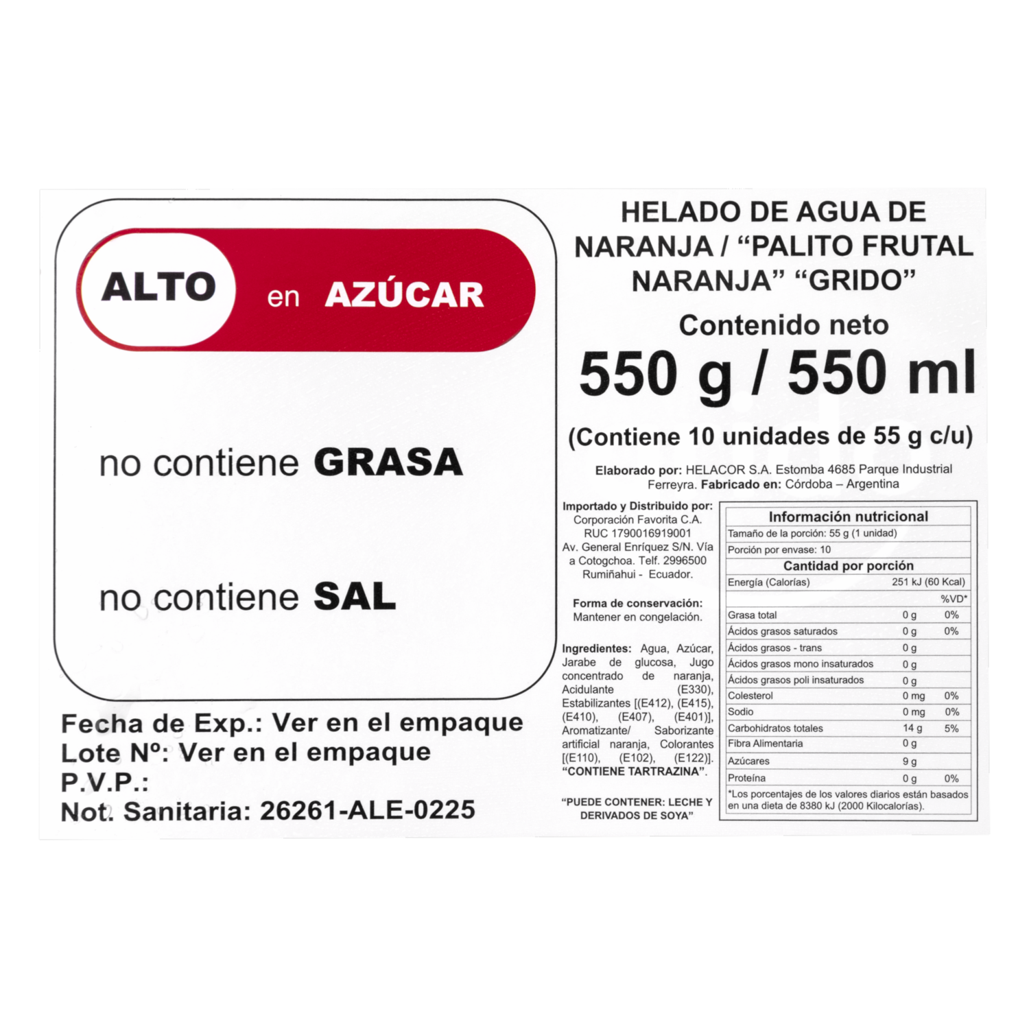 Helado Palito Frutal Naranja GRIDO 10 X 55 G