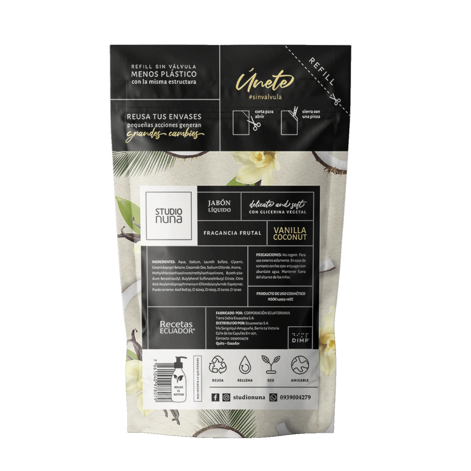 Jabón Líquido Con Glicerina Vegetal Aroma A Vainilla Coco STUDIO NUNA 500 Ml