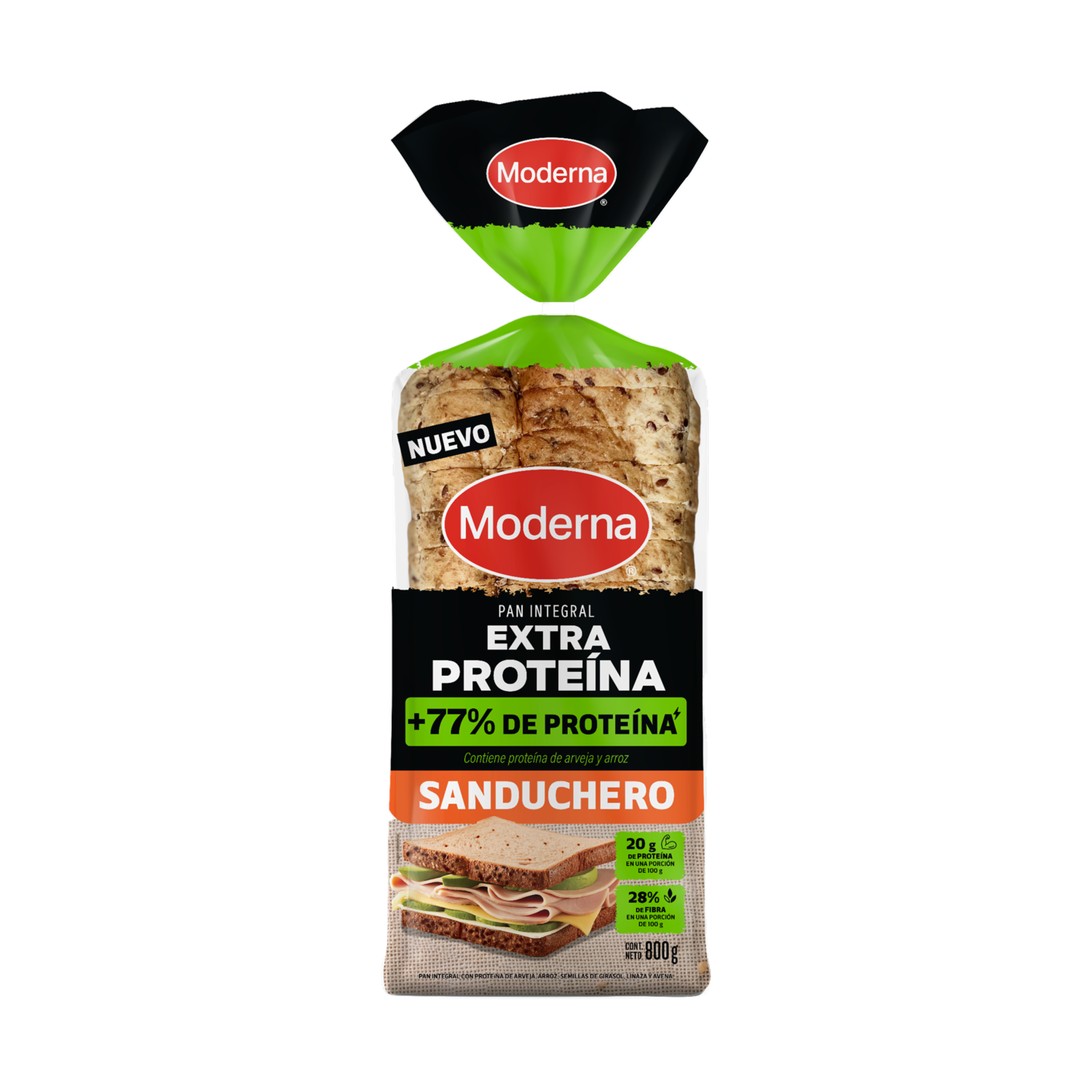 Pan Integral Extra Proteína Sanduchero MODERNA 800 G