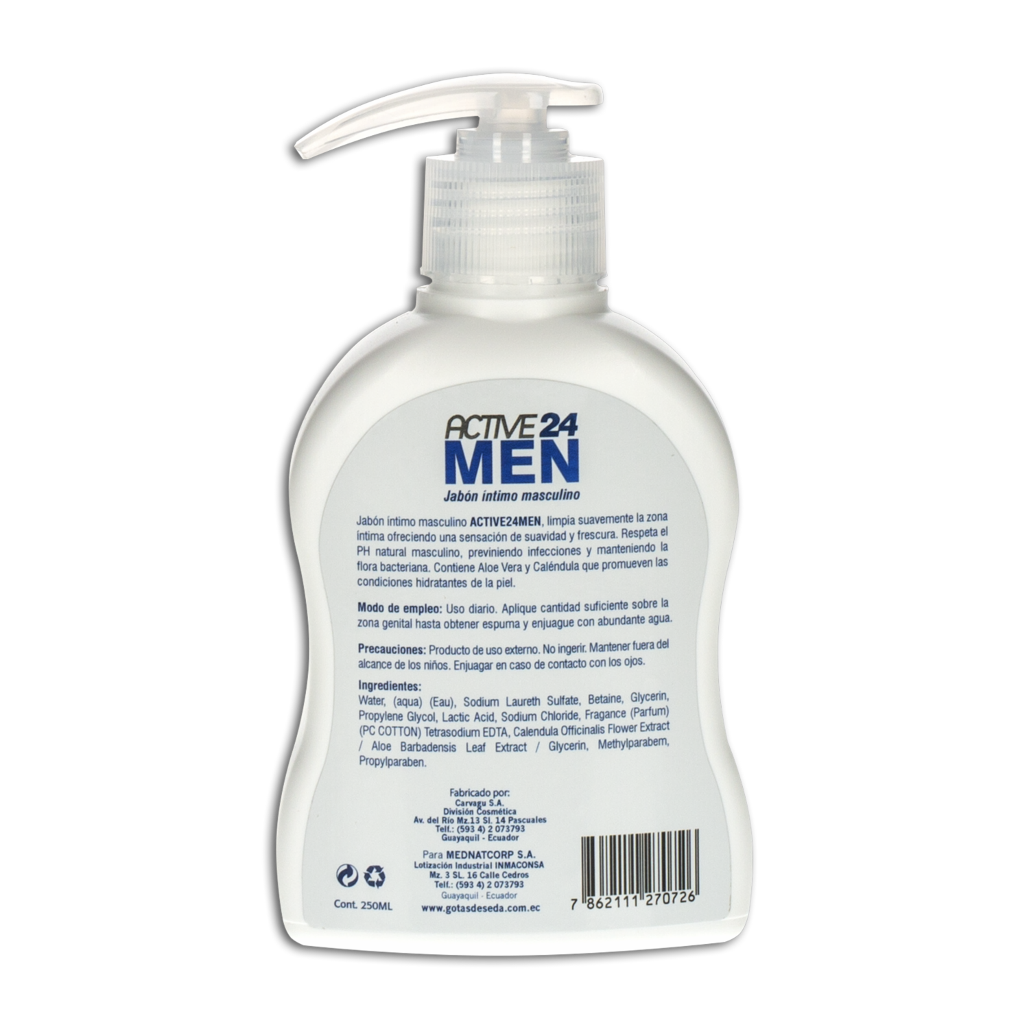 Jabón Íntimo Masculino Hidrata Limpia Y Refresca Con Aloe Vera Y Caléndula ACTIVE 24 MEN 250 Ml
