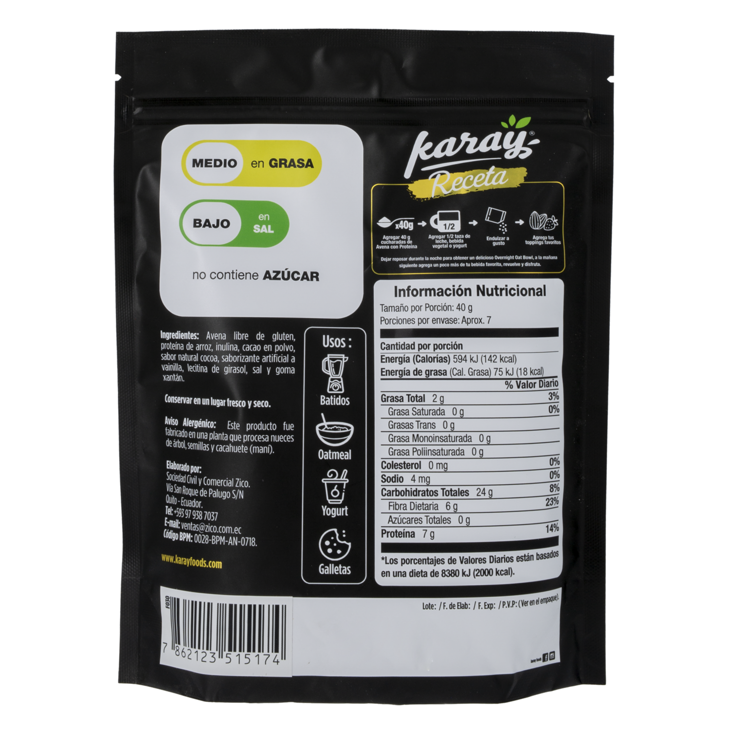 Avena Con Proteína Libre Gluten Sabor A Brownie KARAY 300 G
