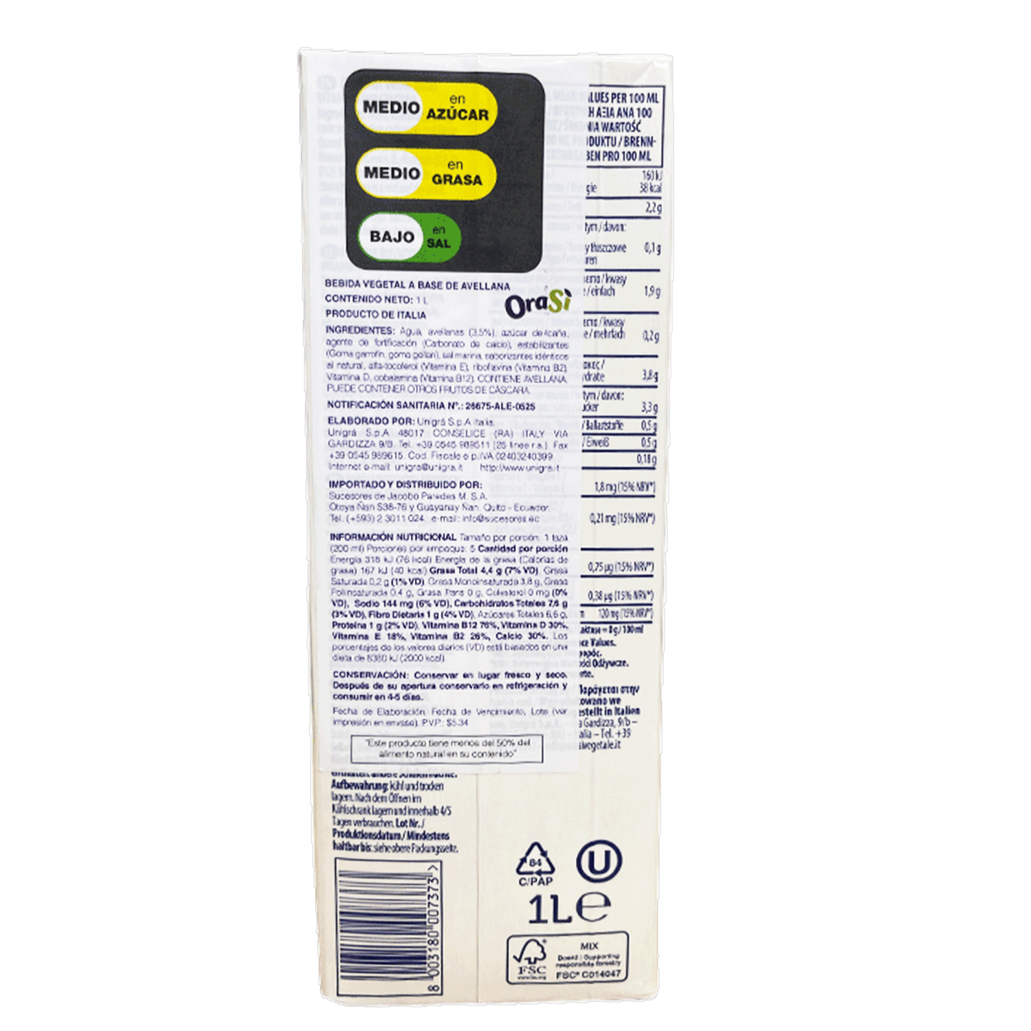 Bebida Vegetal De Avellana ORASI 1000 Ml