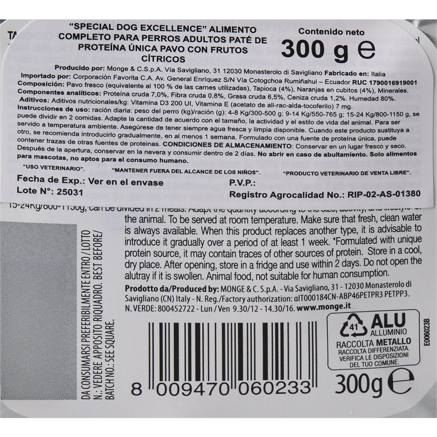 Alimento Húmedo Para Perros Adultos Pate Completo De Pavo con Frutos Cítricos EXCELLENCE 300 G