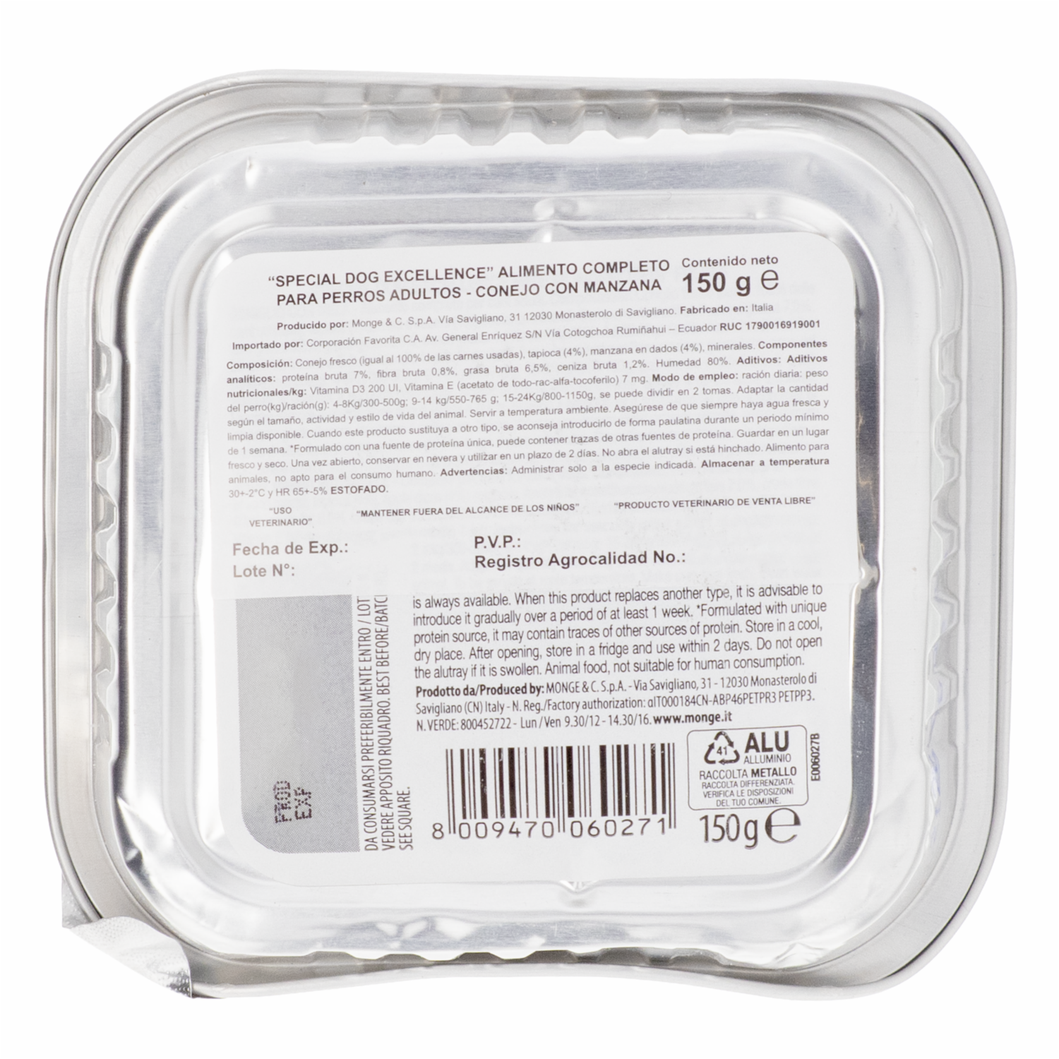 Alimento Húmedo Para Perros Monoproteina Conejo Y Manzana EXCELLENCE 150 G