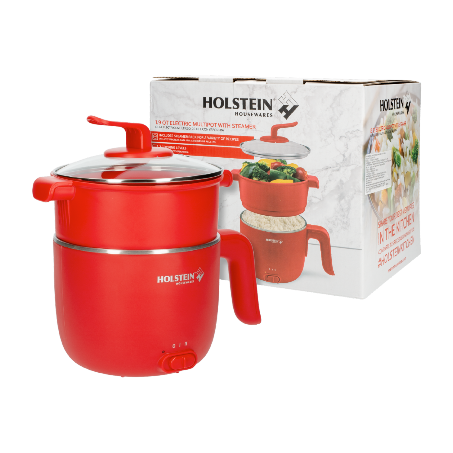 Olla Eléctrica Multiusos Roja Con Vaporera HH-09101023R HOLSTEIN 1.8 Litros