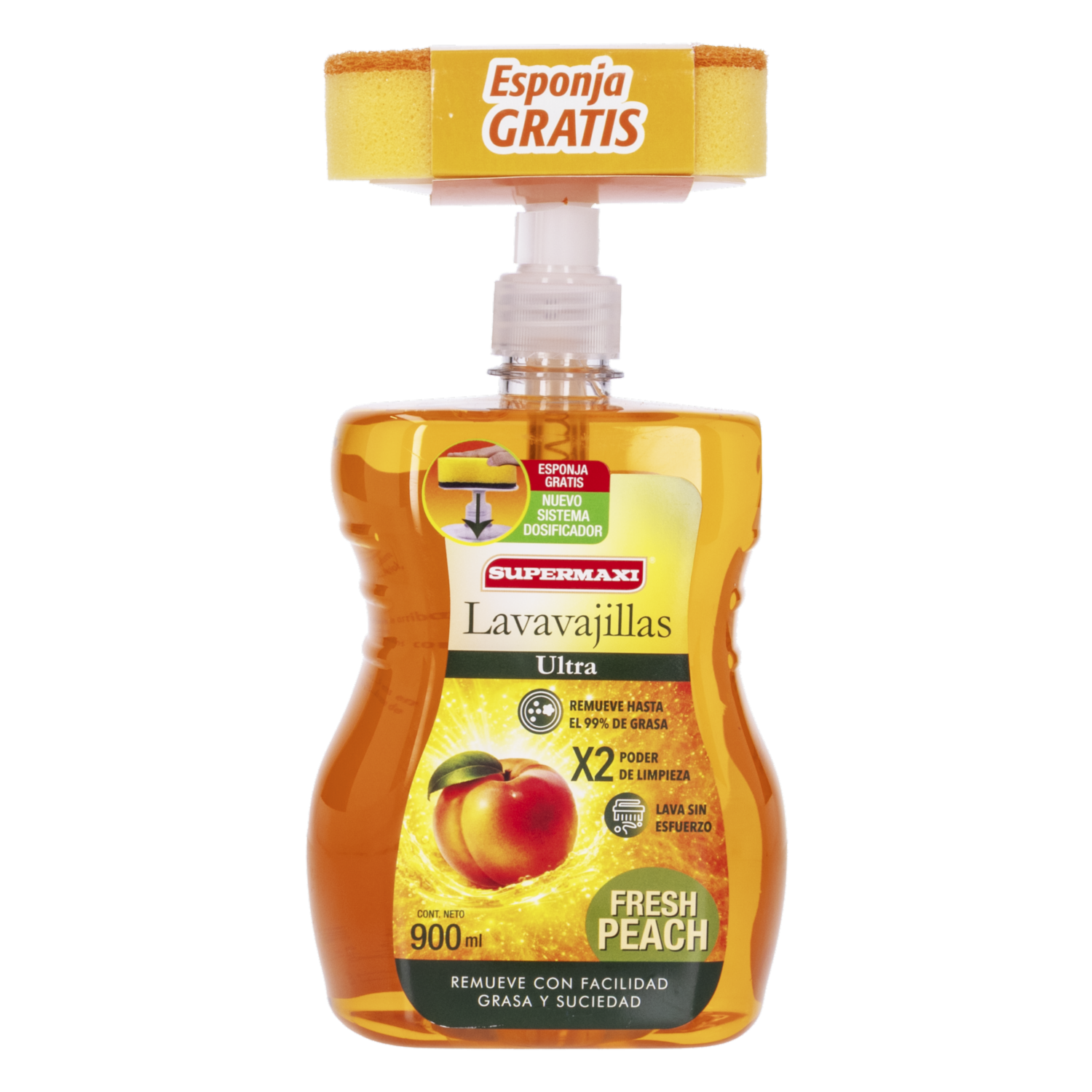 Lavavajillas Líquido Fragancia Durazno Con Esponja 900 Ml SUPERMAXI