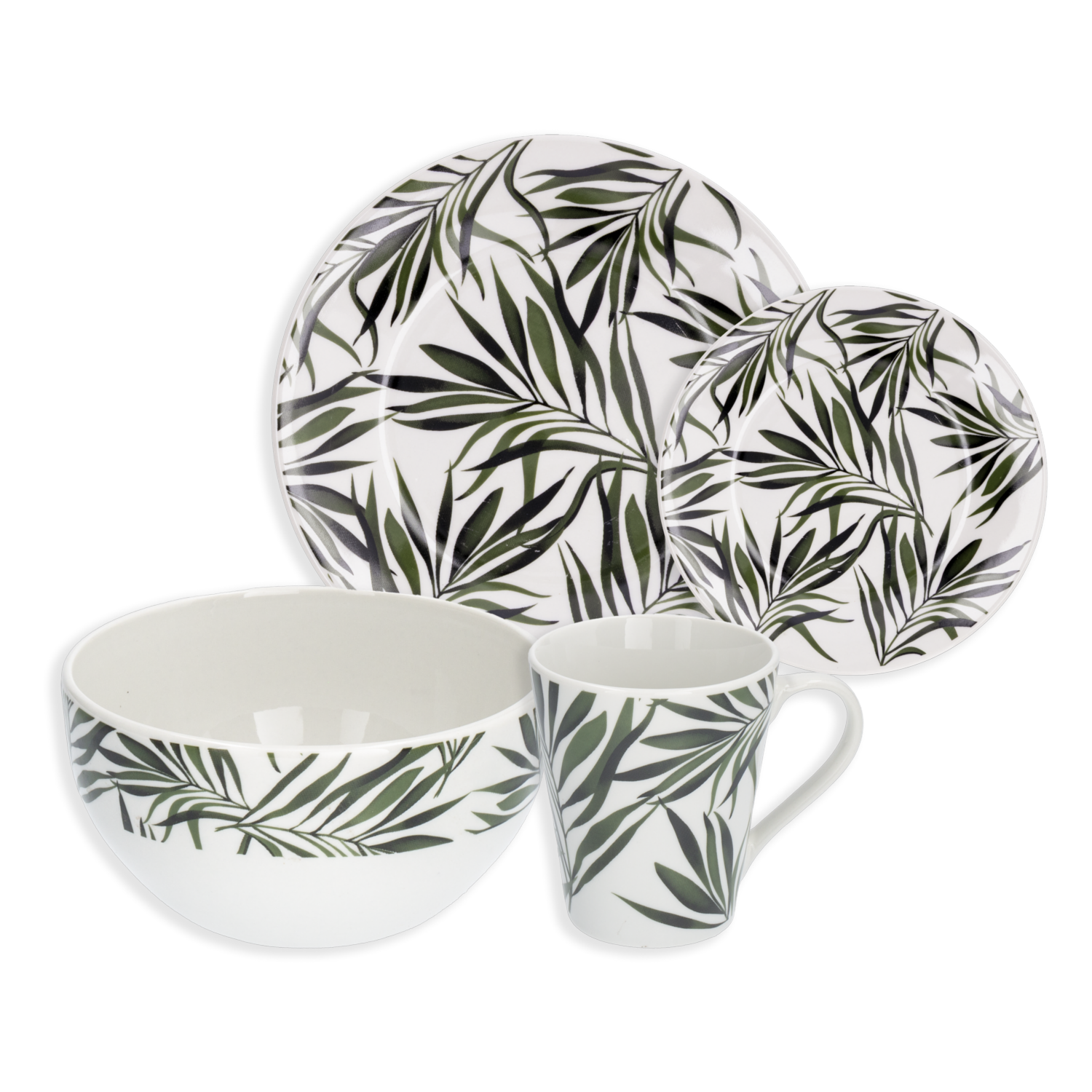 Vajilla Con Hojas Verde Oscuro FREE HOME 16 Piezas