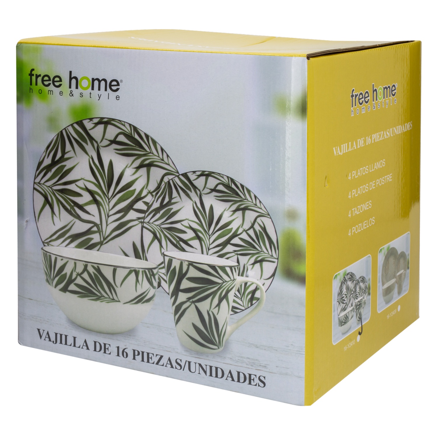 Vajilla Con Hojas Verde Oscuro FREE HOME 16 Piezas