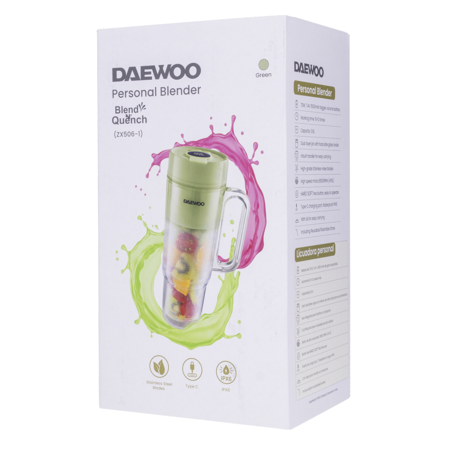 Licuadora Personal Usb Verde DAEWOO 0,8 Litros 70 W