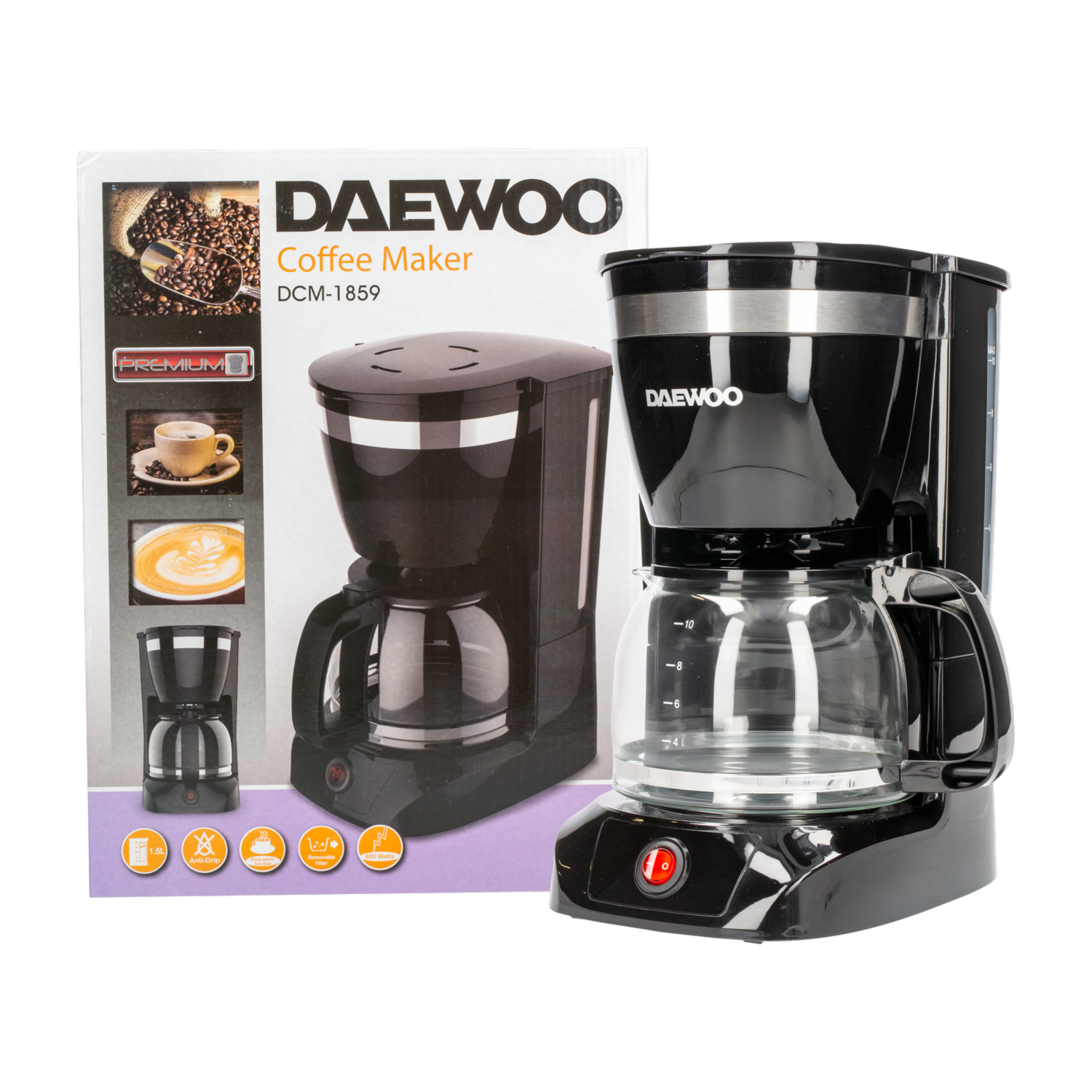 Cafetera Eléctrica Con Filtro Y Jarra De Vidrio Negra DCM-1859 DAEWOO 10-12 Tazas