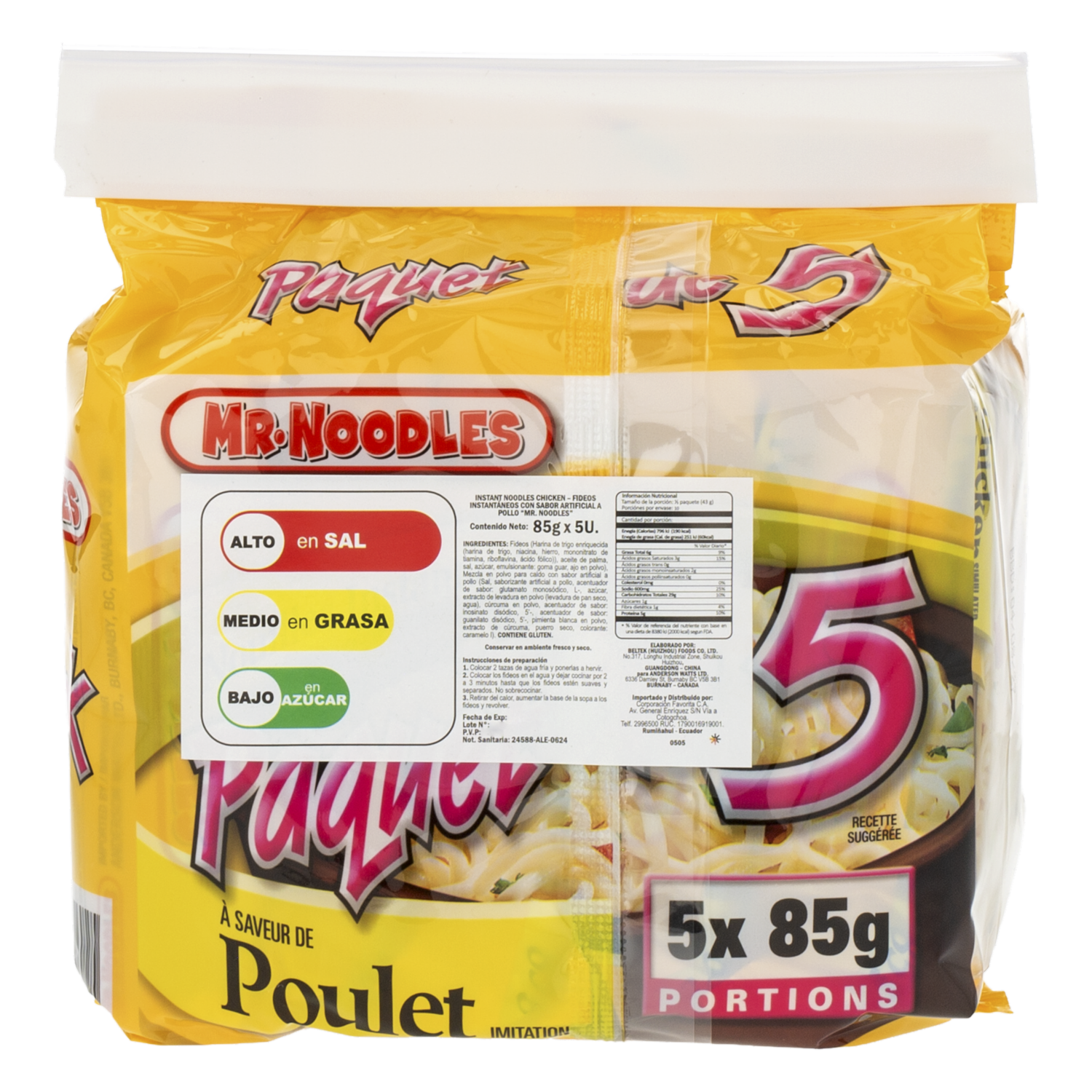 Fideos Instantáneos Sabor Pollo MR. NOODLES 5 X 85 G