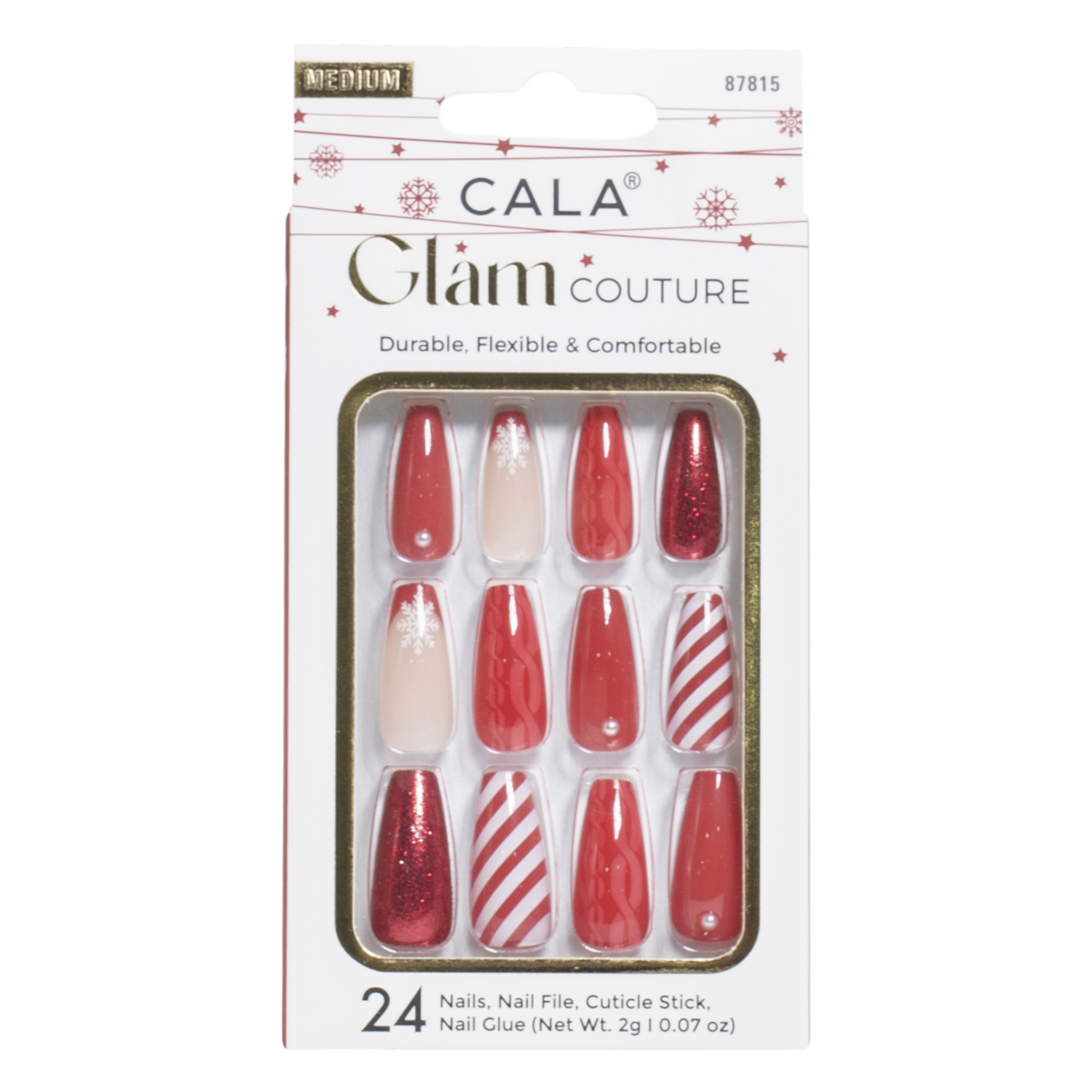 Uñas Postizas Glam Couture Diseño Candy Cane Medium CALA 24 Piezas
