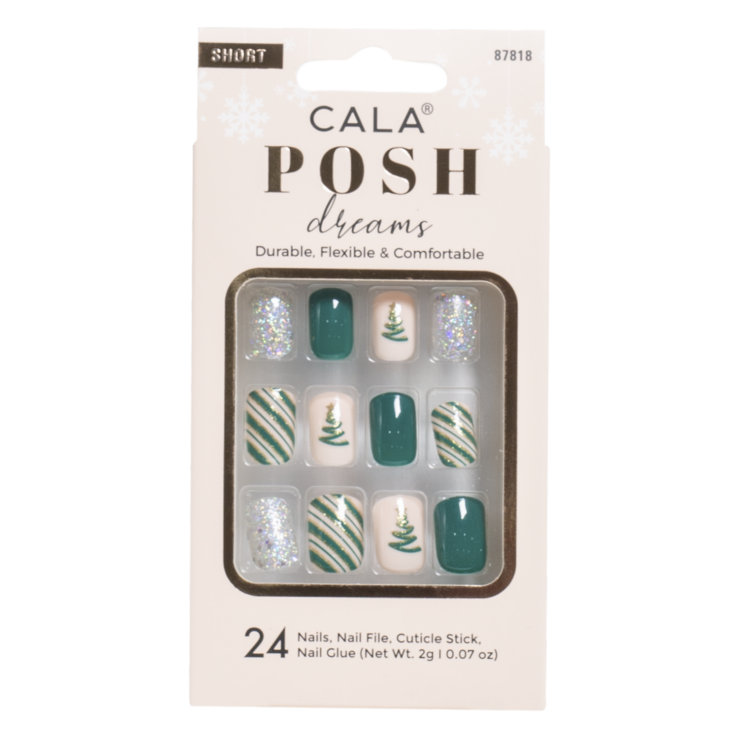 Uñas Postizas Posh Dream Squoval Corto Xmas Tree Verde CALA 24 Piezas
