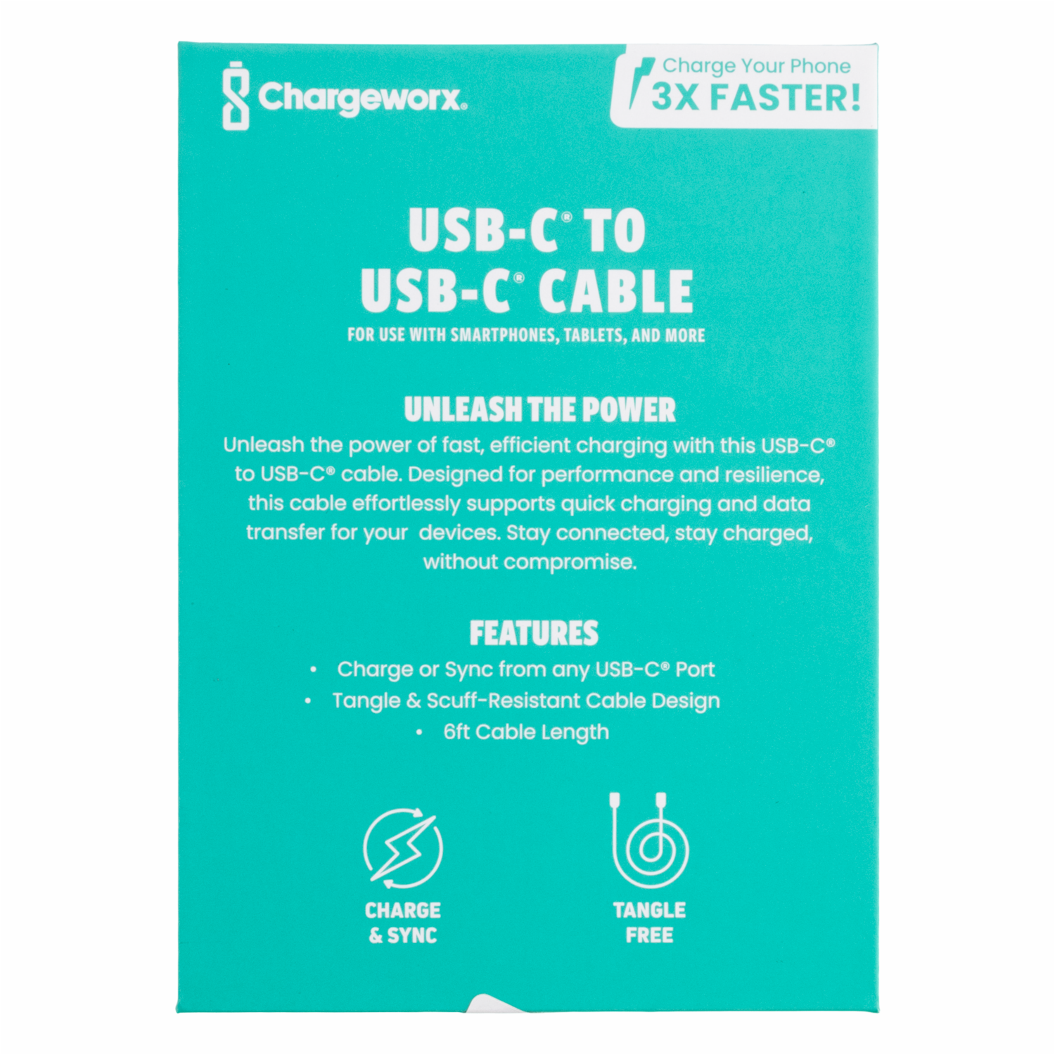 Cable De Carga Ráida Usb-C A Usb-C 6 Pies CHARGE WORX 60 W