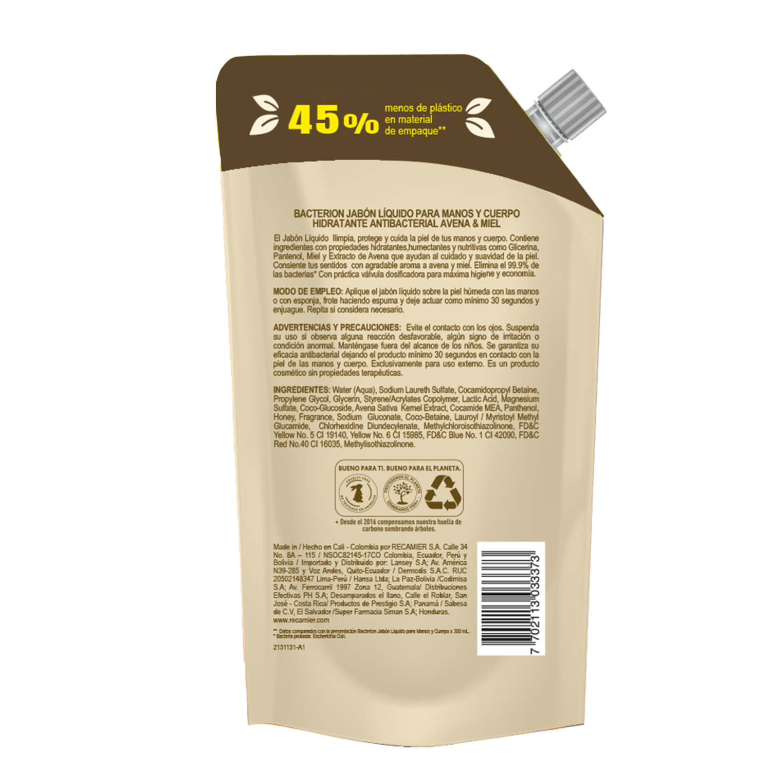 Jabón Líquido Para Manos Y Cuerpo Hidratante Antibacterial Avena Y Miel BACTERION 1000 Ml