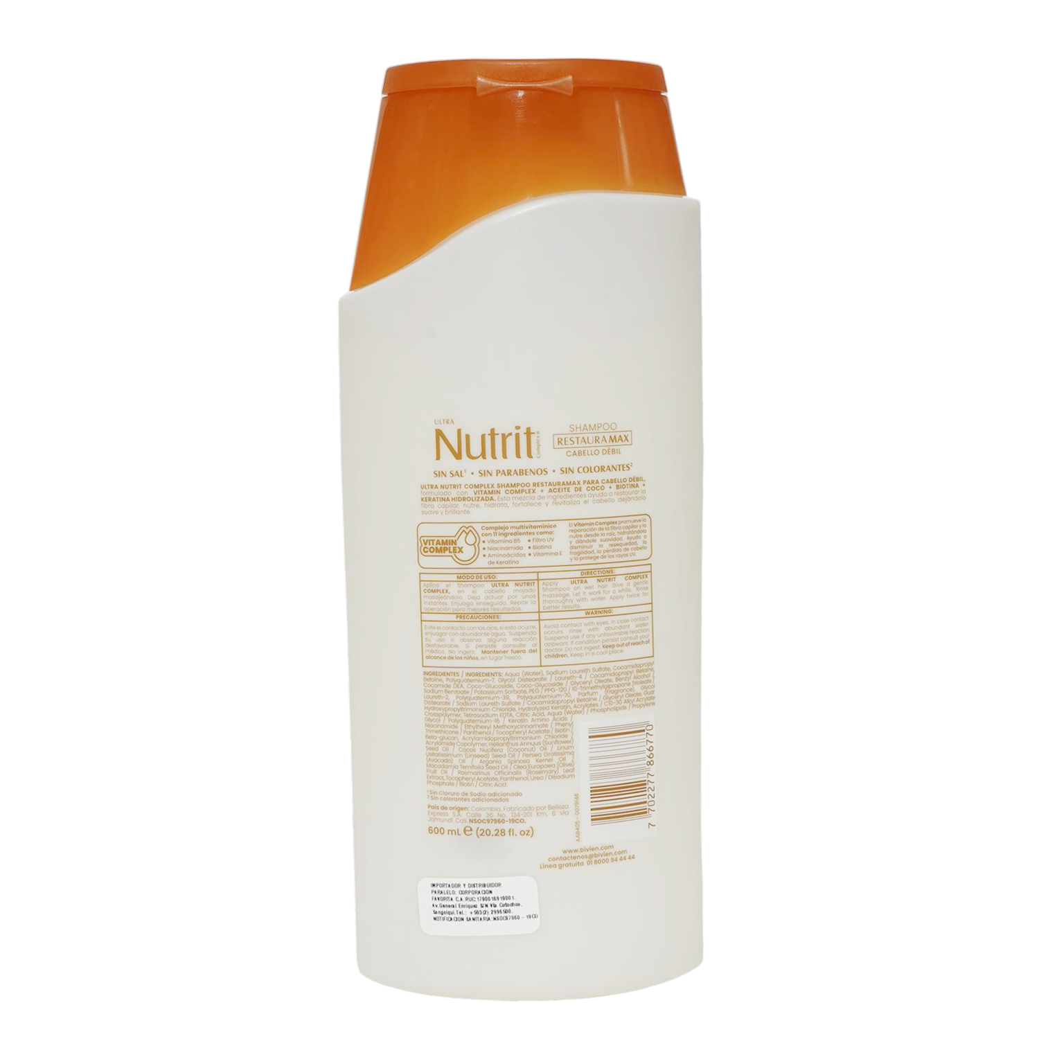 Shampoo De Cabello Restauramax Aceite De Coco + Keratina + Biotina + Vitamin Complex NUTRIT 600 Ml