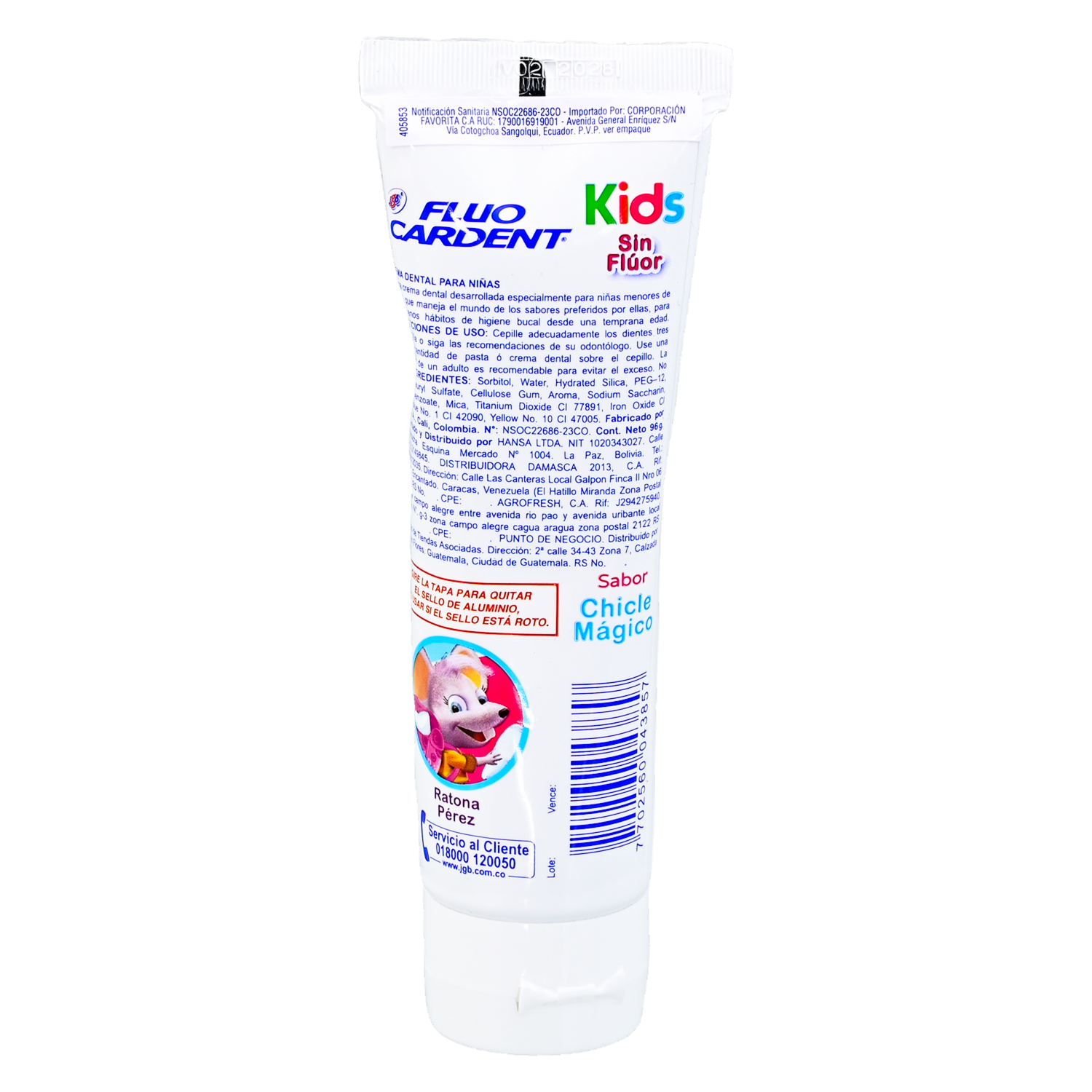 Pasta Dental Kids Ratona Péres Sin Flúor FLUO CARDENT 96 G