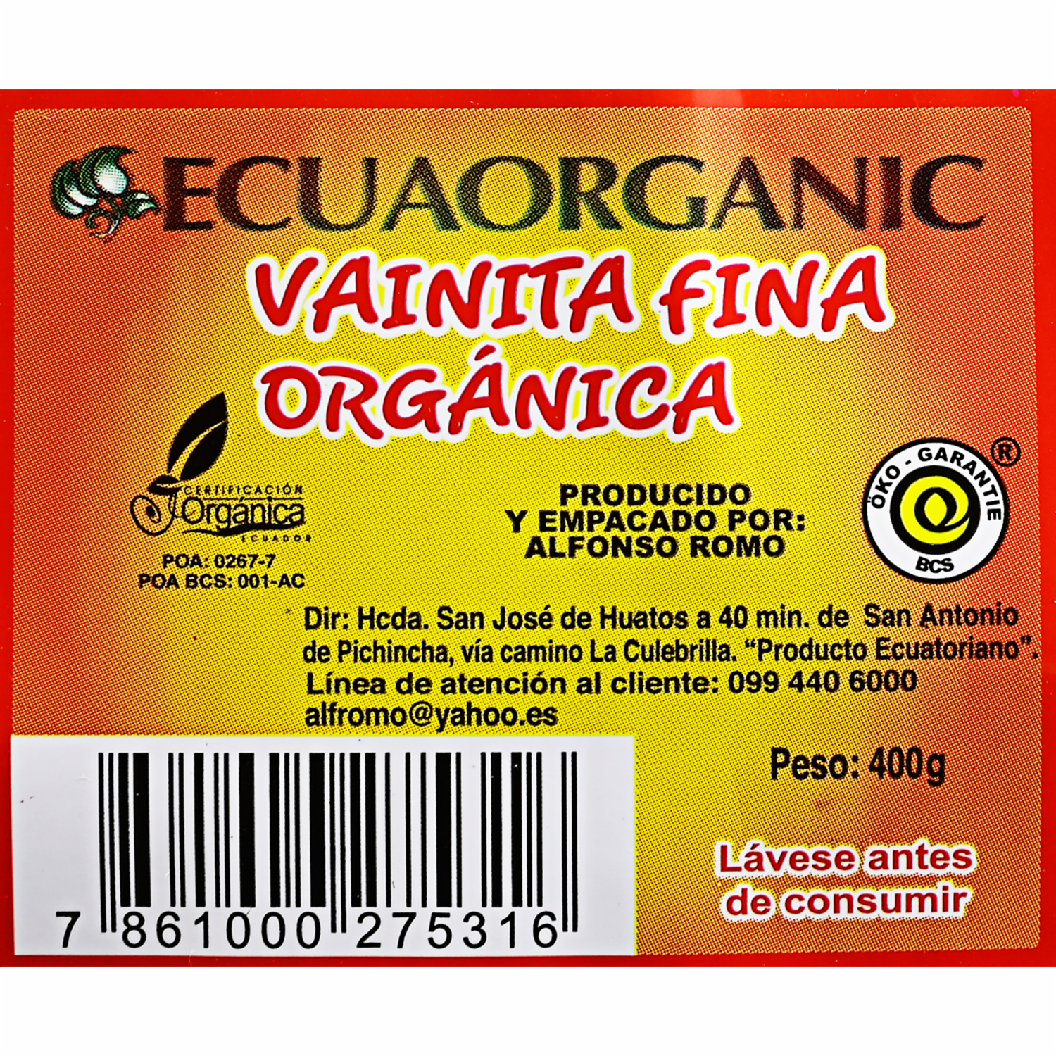 Vainita Fina Orgánica ECUAORGANIC 400 G