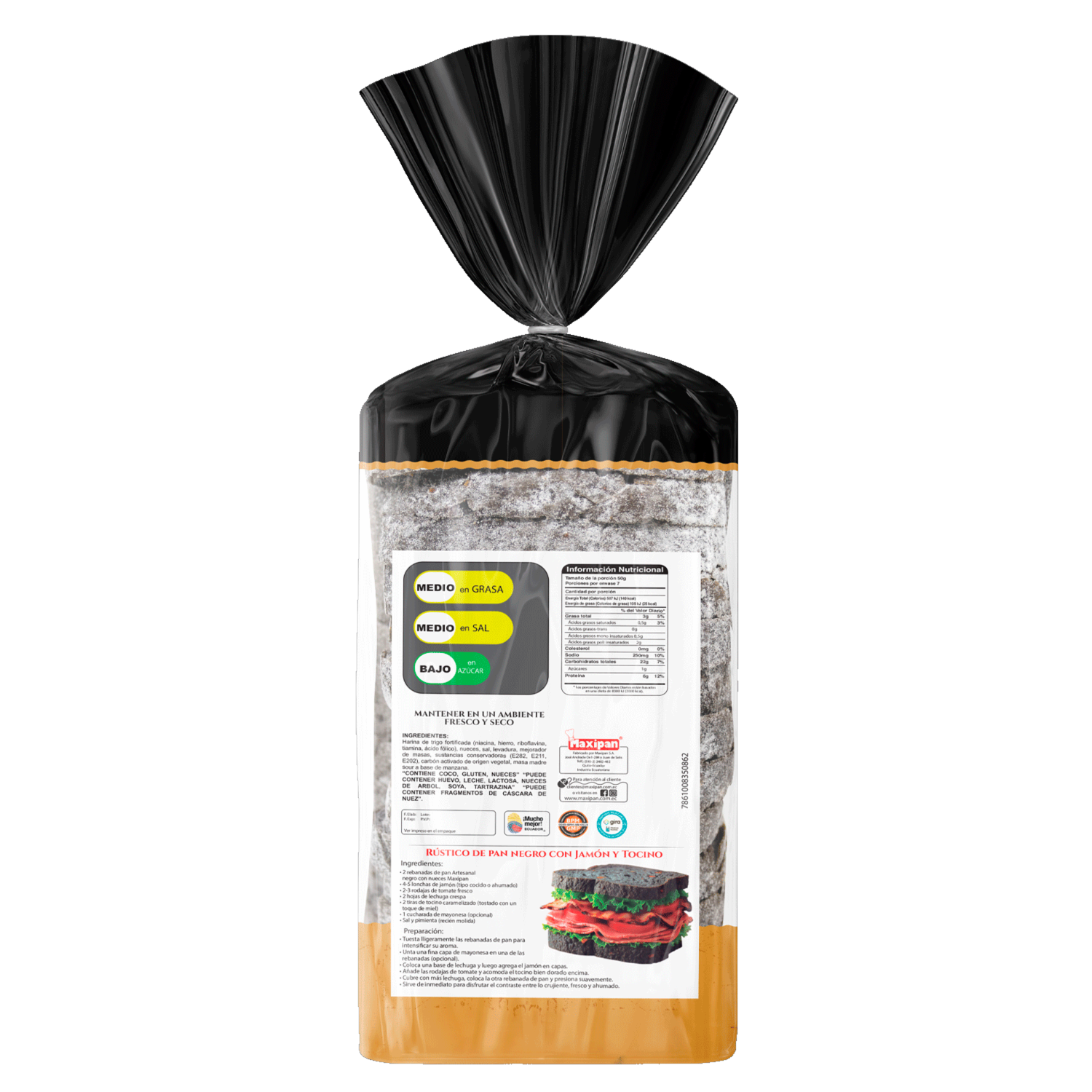 Pan Artesanal Negro De Masa Madre Con Nuez Y Carbon Activado Rebanado MAXIPAN 350 G