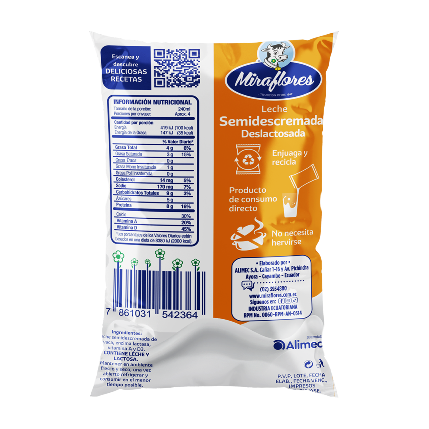 Leche Semidescremada Deslactosada En Funda MIRAFLORES 900 Ml
