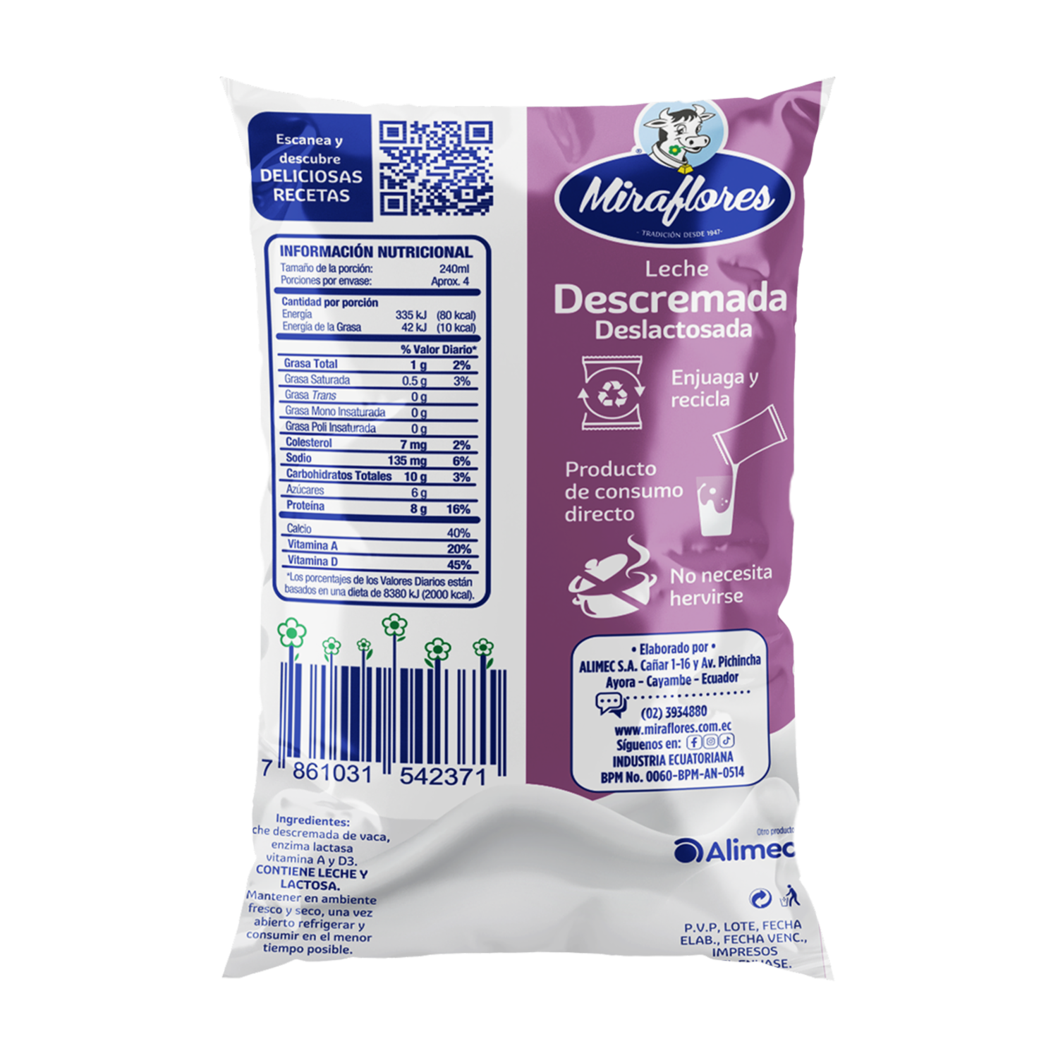 Leche Descremada Deslactosada En Funda MIRAFLORES 900 Ml