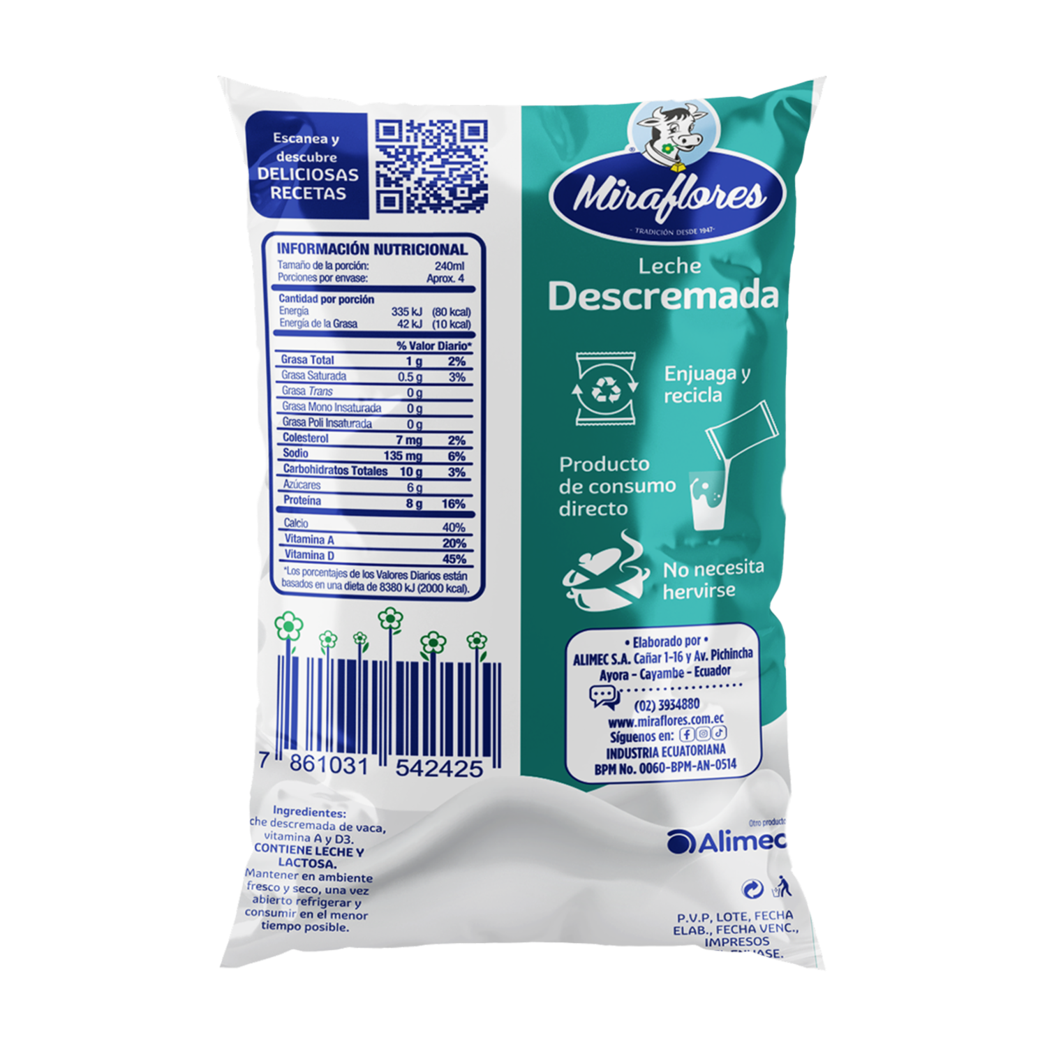Leche Descremada En Funda MIRAFLORES 900 Ml