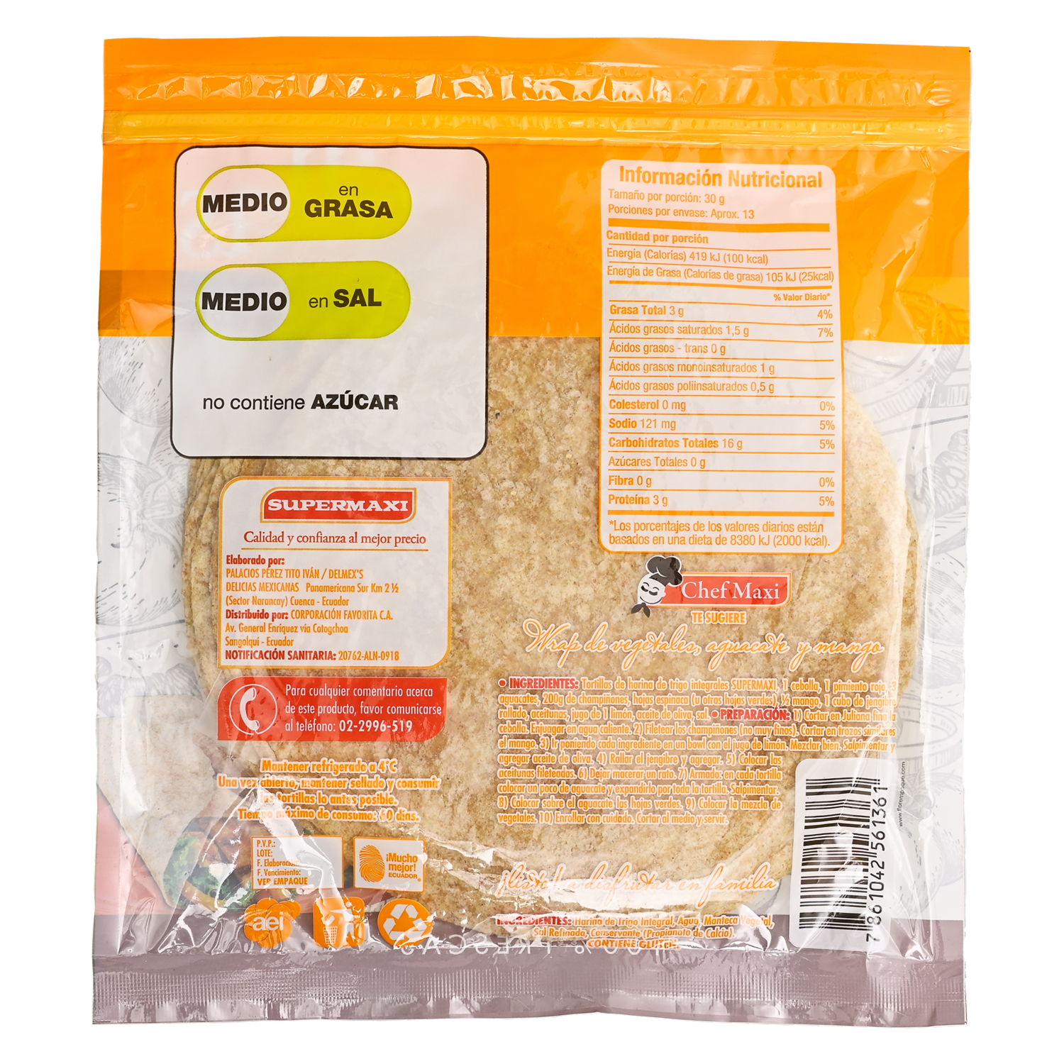Tortillas De Harina De Trigo Integral 100 % Frescas SUPERMAXI 400 G