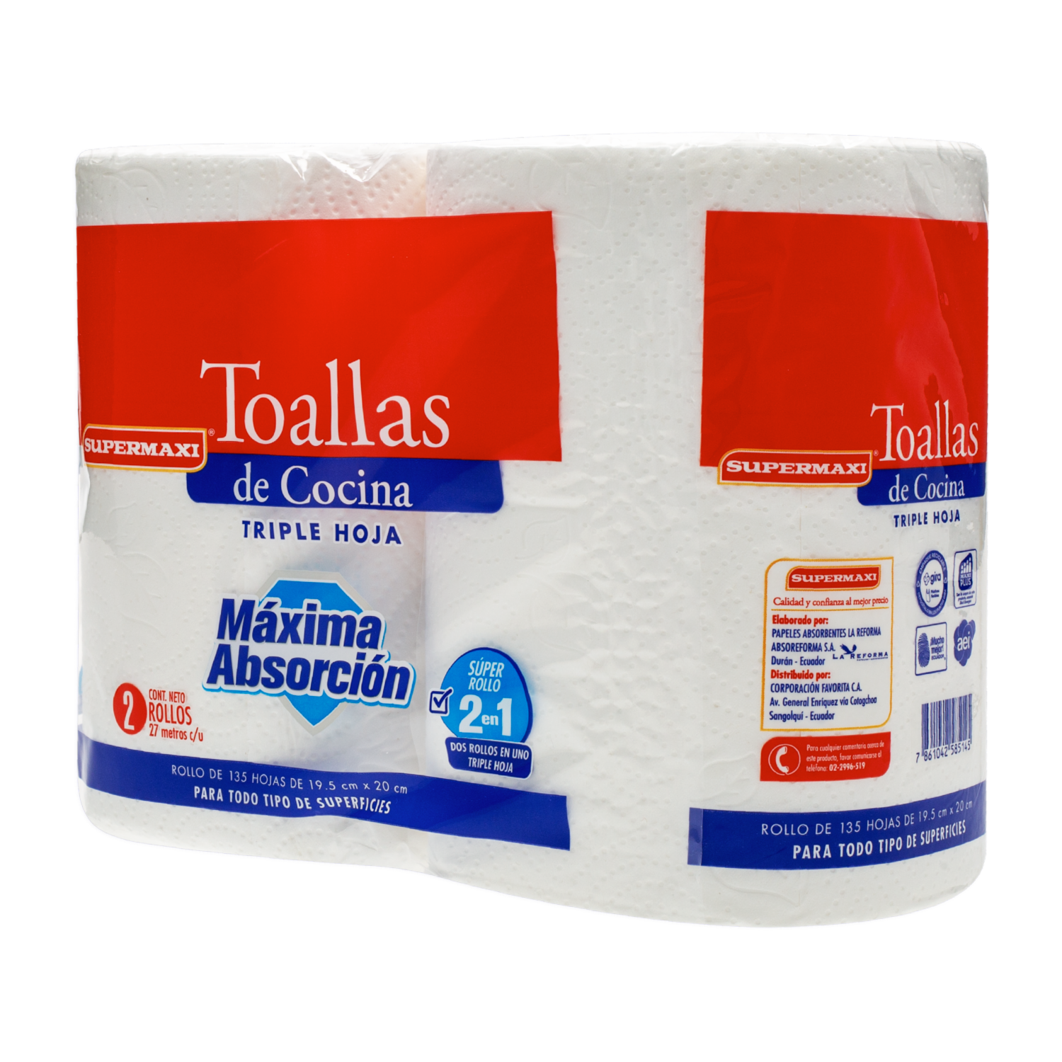 Toalla De Cocina 2 En 1 Triple Hoja SUPERMAXI 2 X 27 M