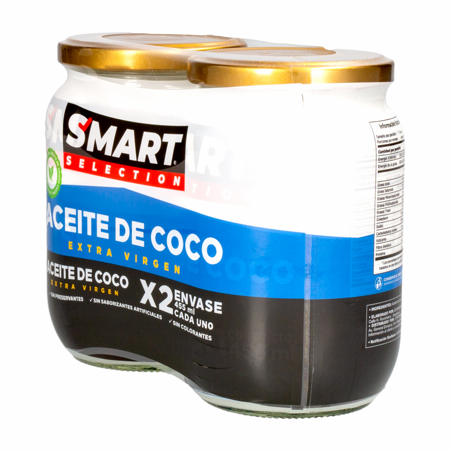 Aceite De Coco 100% Extra Virgen Sin Preservantes SMART SELECTION 2 X 455 Ml