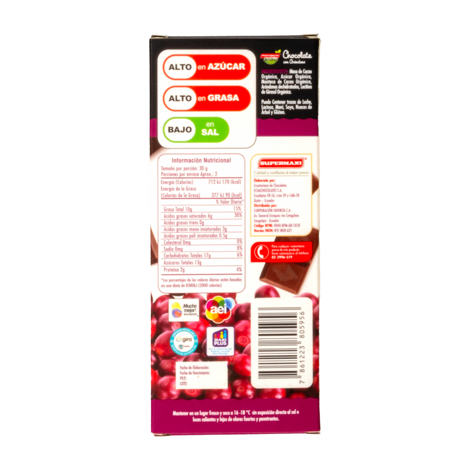 Chocolate Orgánico Con Arándano SUPERMAXI 50 G