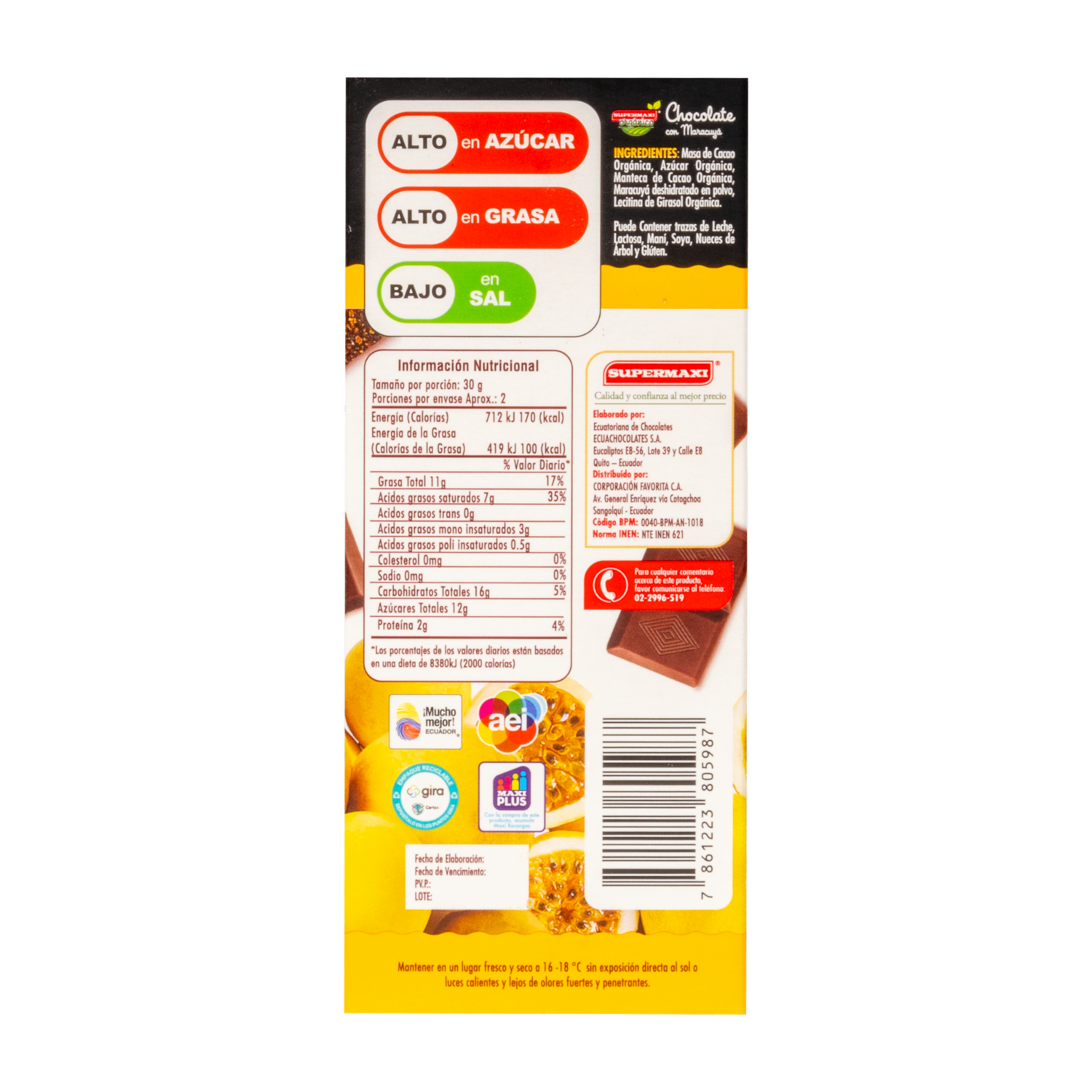 Chocolate Orgánico Sabor A Maracuyá SUPERMAXI 50 G
