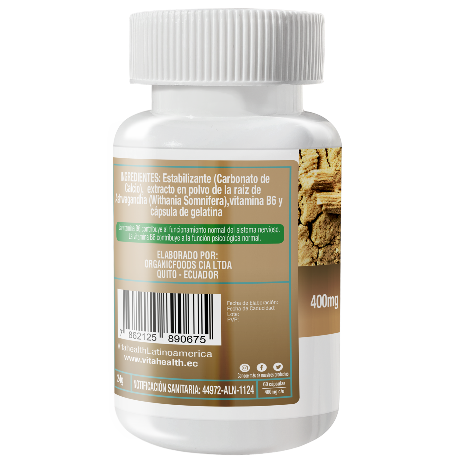 Suplemento Ashawagandha Con Vitamina B6 VITAHEALTH 24 G