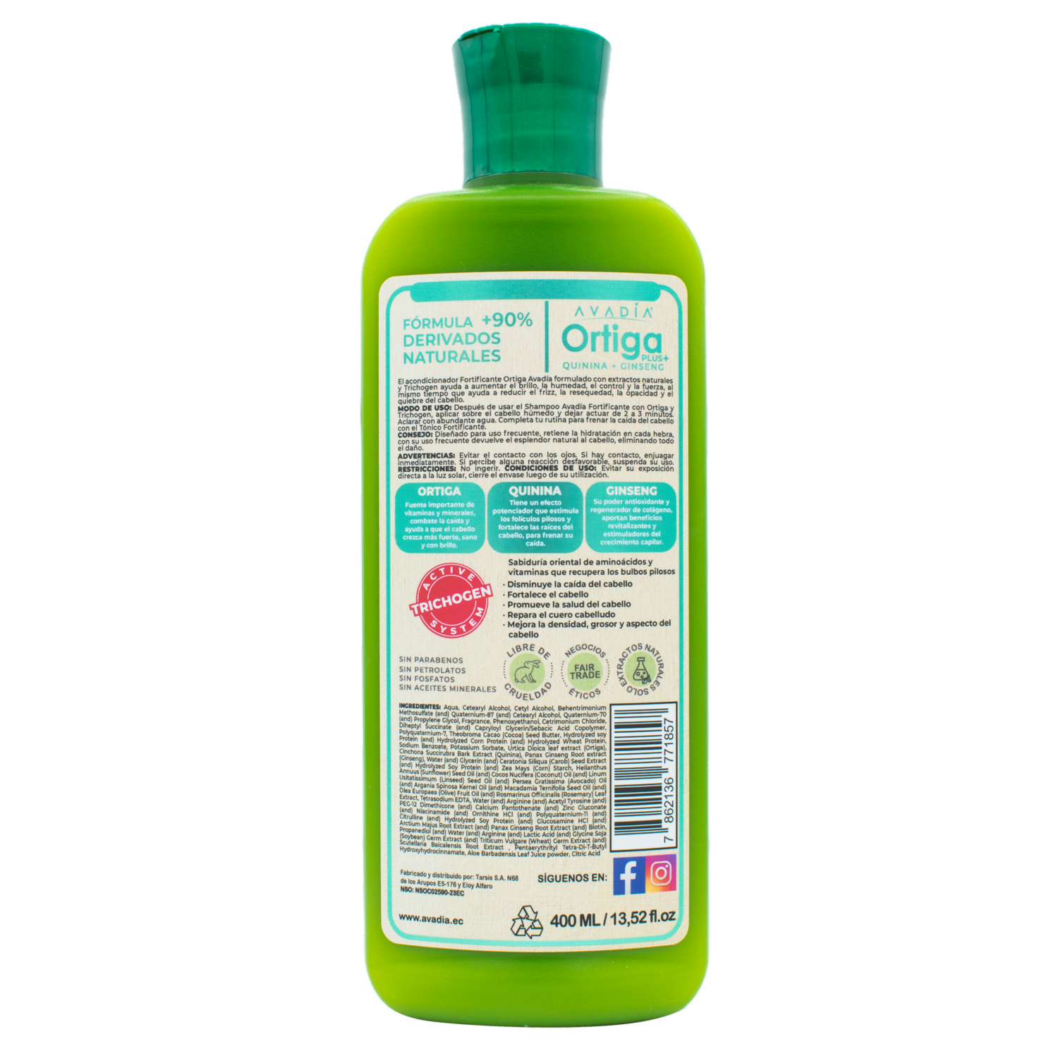 Acondicionador De Cabello Ortiga Plus Anticaída Fortificante Con Trichogen, Ortiga, Quinina Y Ginseng AVADÍA 400 Ml