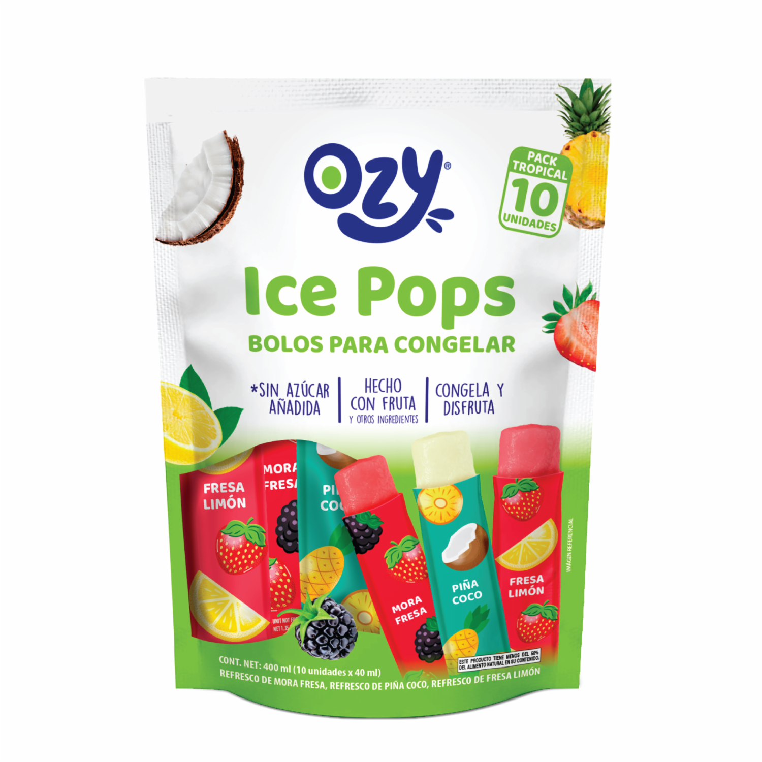 Bolos De Fruta Para Congelar Ice Pops Pack Tropical OZY 10 X 40 Ml