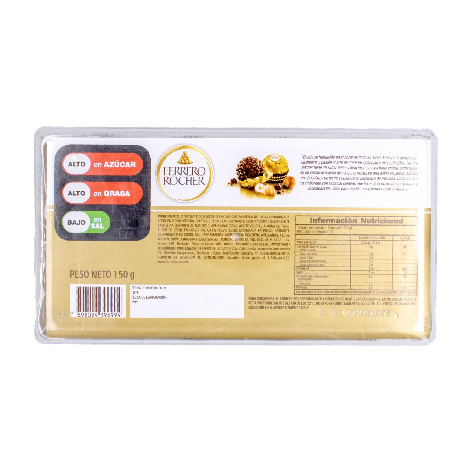 Bombón De Chocolate Recubierto De Trozos De Avellana FERRERO ROCHER 12 X 150 G
