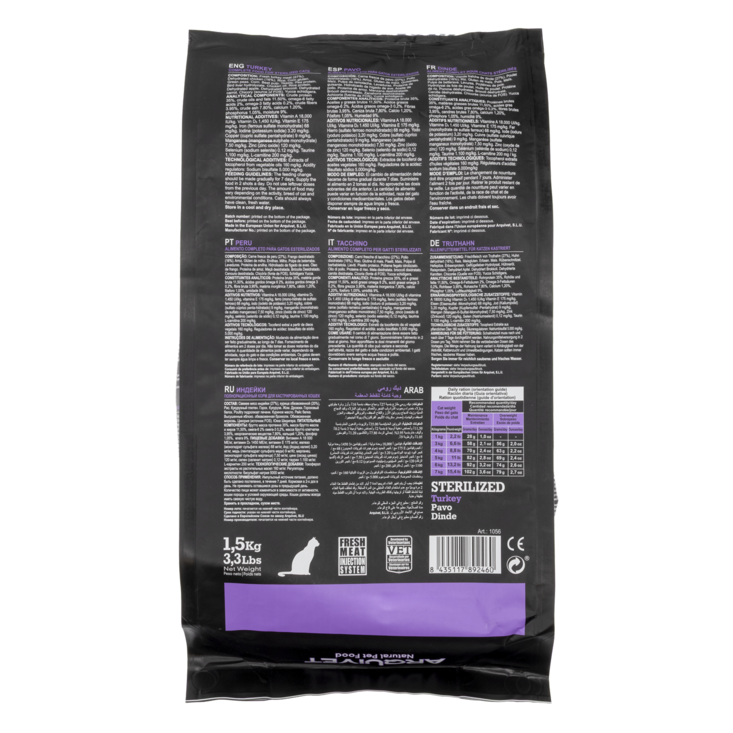 Alimento Para Gatos Esterilizados Sabor A Pavo Naural Pet Food ARQUIVET 1,5 Kg