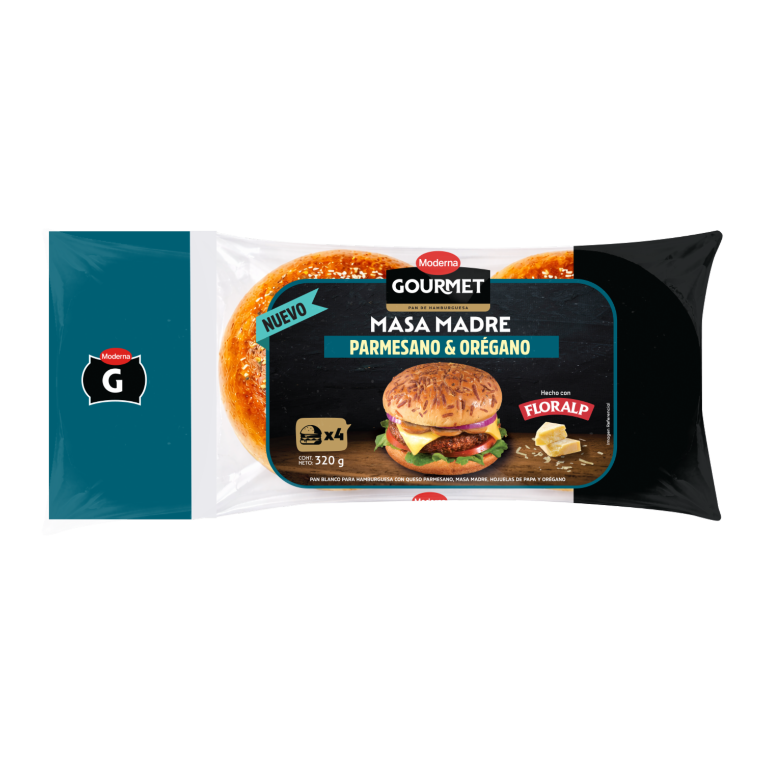 Pan Para Hamburguesa De  Masa Madre Parmesano Y  Orégano MODERNA 320 G