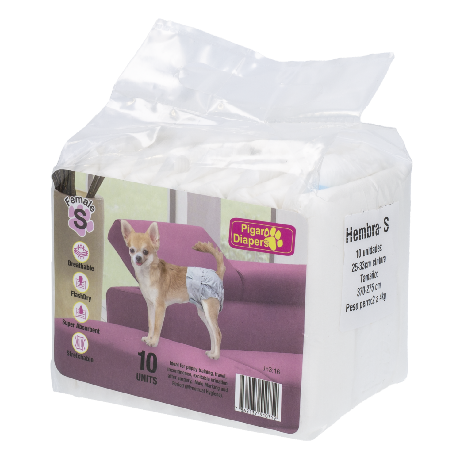 Pañal Para Mascota Hembra Talla Pequeño PIGARO PADS 10 Unidades